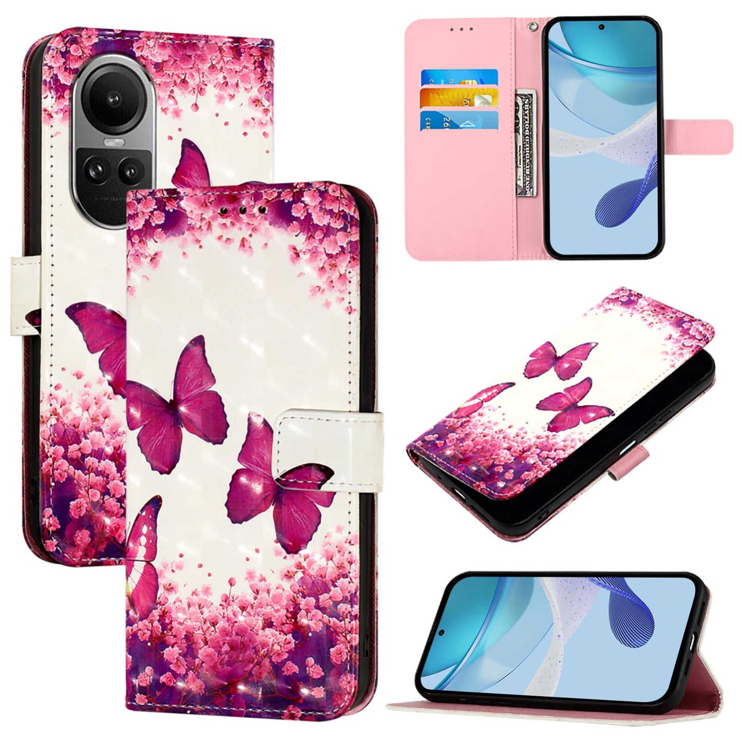 OPPO Reno10 Leather Flip Phone Case with 3D Painted Design, Card Holder, Wallet & Stand Function - Durable Protection & Easy Access