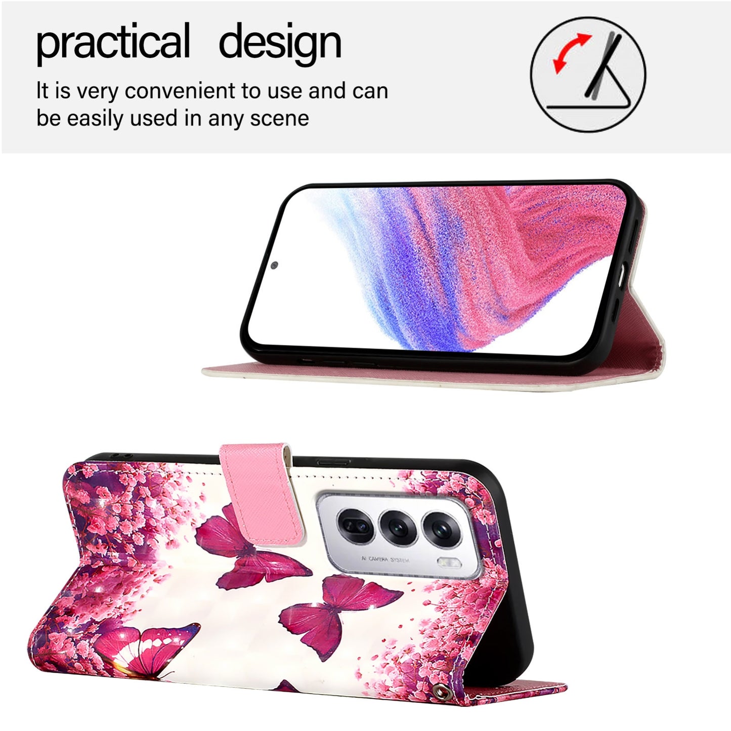 OPPO Reno12 Global Leather Flip Phone Case with 3D Painted Design, Card Holder, Wallet & Stand Function - Durable Protection & Easy Access