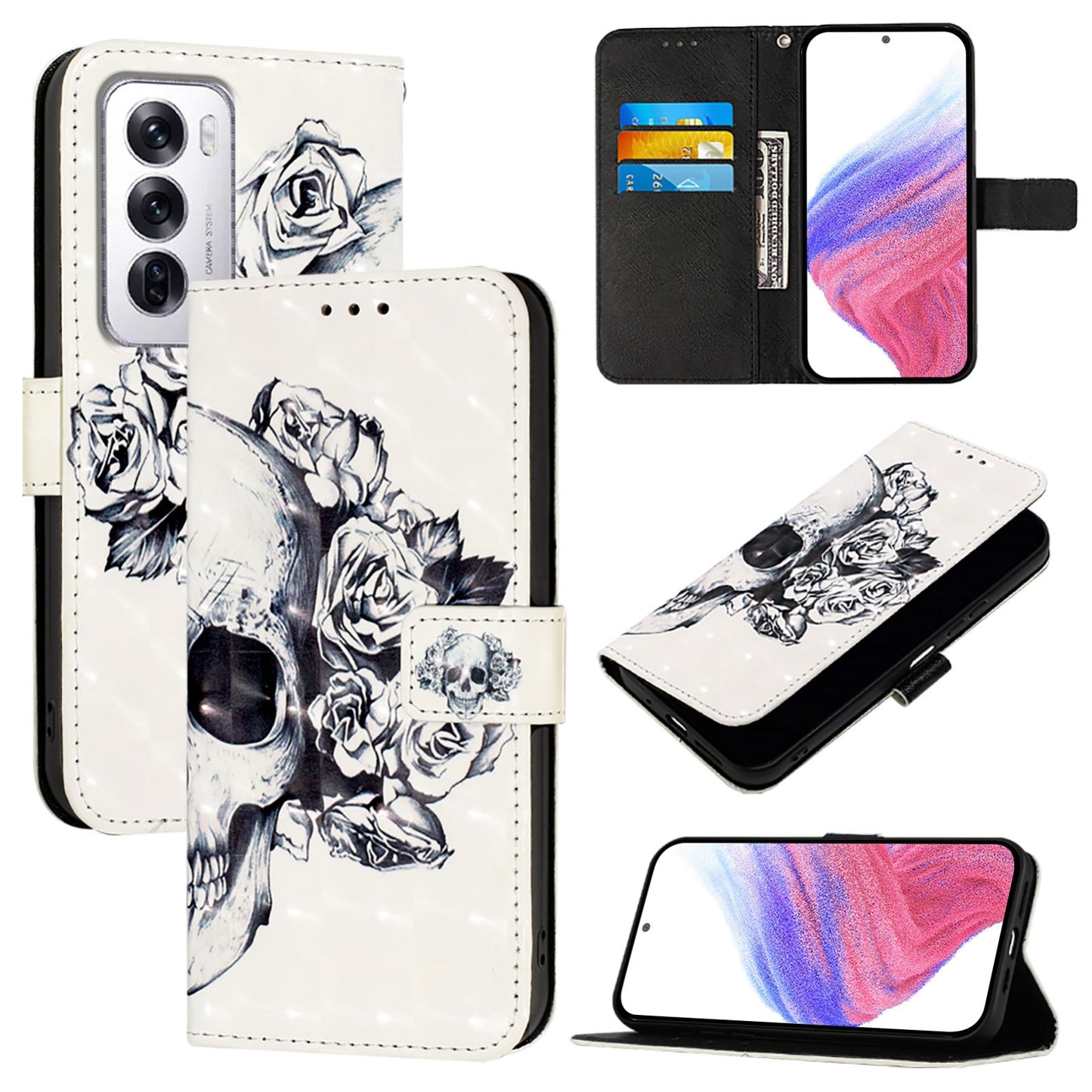 OPPO Reno12 Global Leather Flip Phone Case with 3D Painted Design, Card Holder, Wallet & Stand Function - Durable Protection & Easy Access