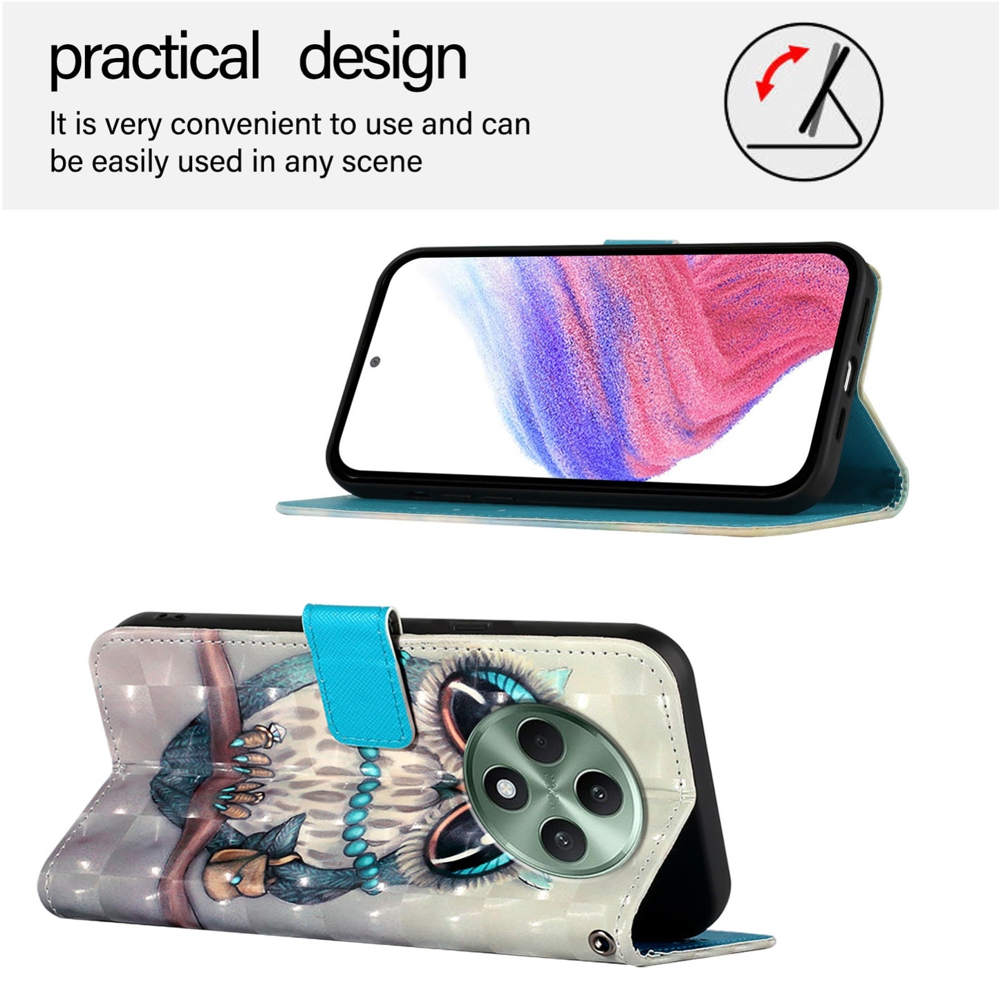 OPPO Reno12 F Global Leather Flip Phone Case with 3D Painted Design, Card Holder, Wallet & Stand Function - Durable Protection & Easy Access