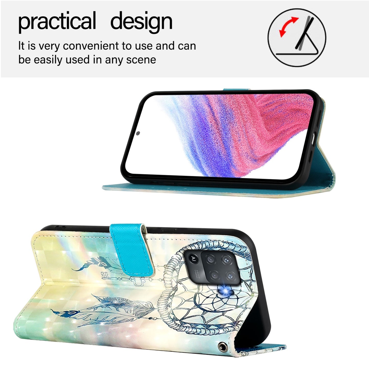 OPPO Reno5 F Leather Flip Phone Case with 3D Painted Design, Card Holder, Wallet & Stand Function - Durable Protection & Easy Access