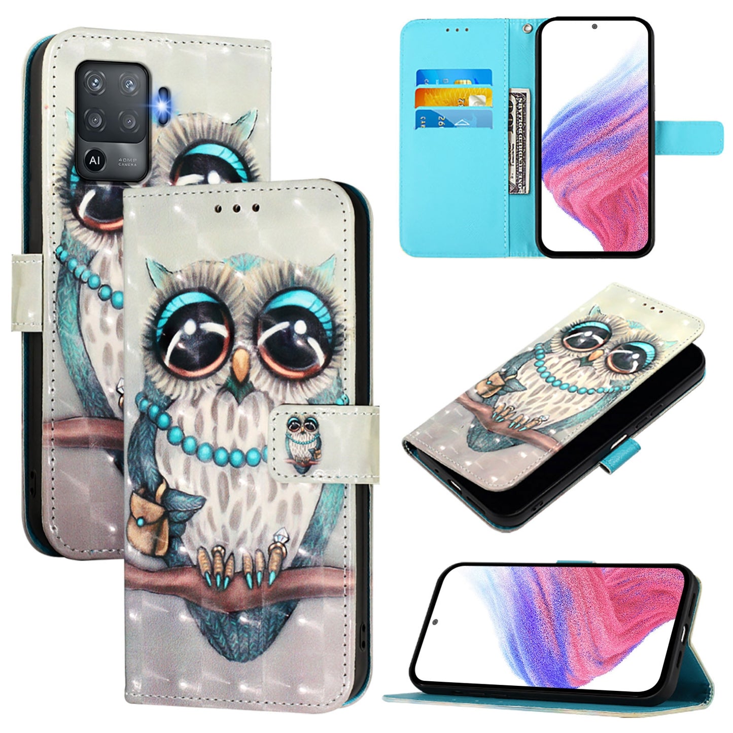OPPO Reno5 F Leather Flip Phone Case with 3D Painted Design, Card Holder, Wallet & Stand Function - Durable Protection & Easy Access