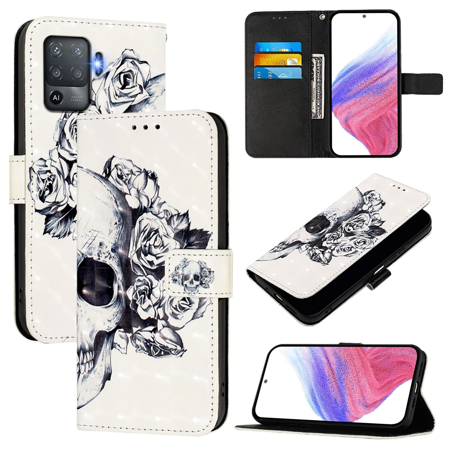 OPPO F19 Pro Leather Flip Phone Case with 3D Painted Design, Card Holder, Wallet & Stand Function - Durable Protection & Easy Access