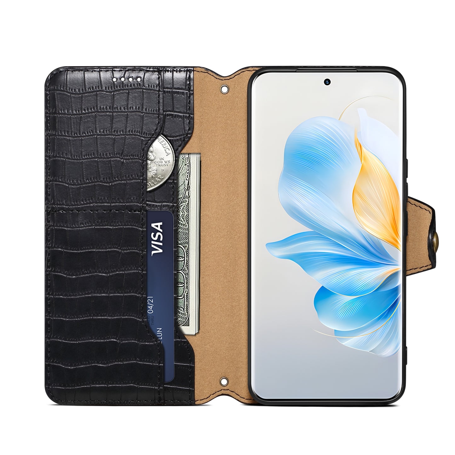 Honor 100 Denior Leather Case - Crocodile Texture with Oil Edge, Wallet & Kickstand Features