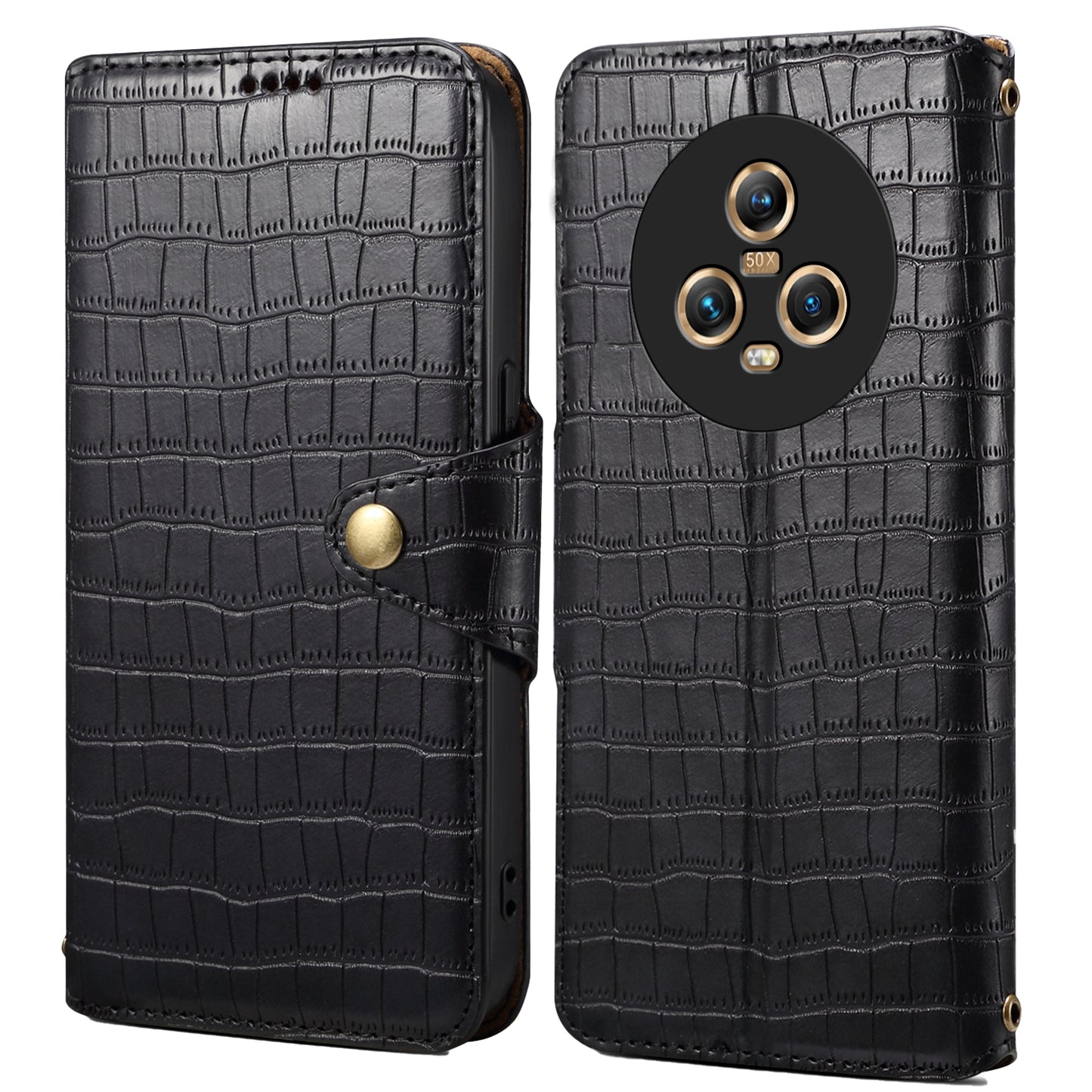 Honor Magic5 Denior Leather Case - Crocodile Texture with Oil Edge, Wallet & Kickstand Features