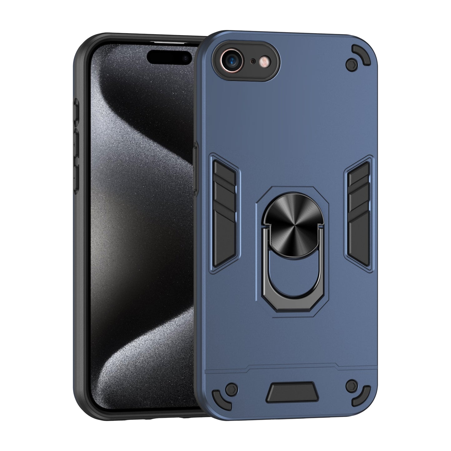 Shockproof iPhone SE 2022/SE 2020 Phone Case with 360° Rotatable Metal Ring Holder, Magnetic Car Mount Stand, Ultra-Thin PC & Silicone Protection Cover