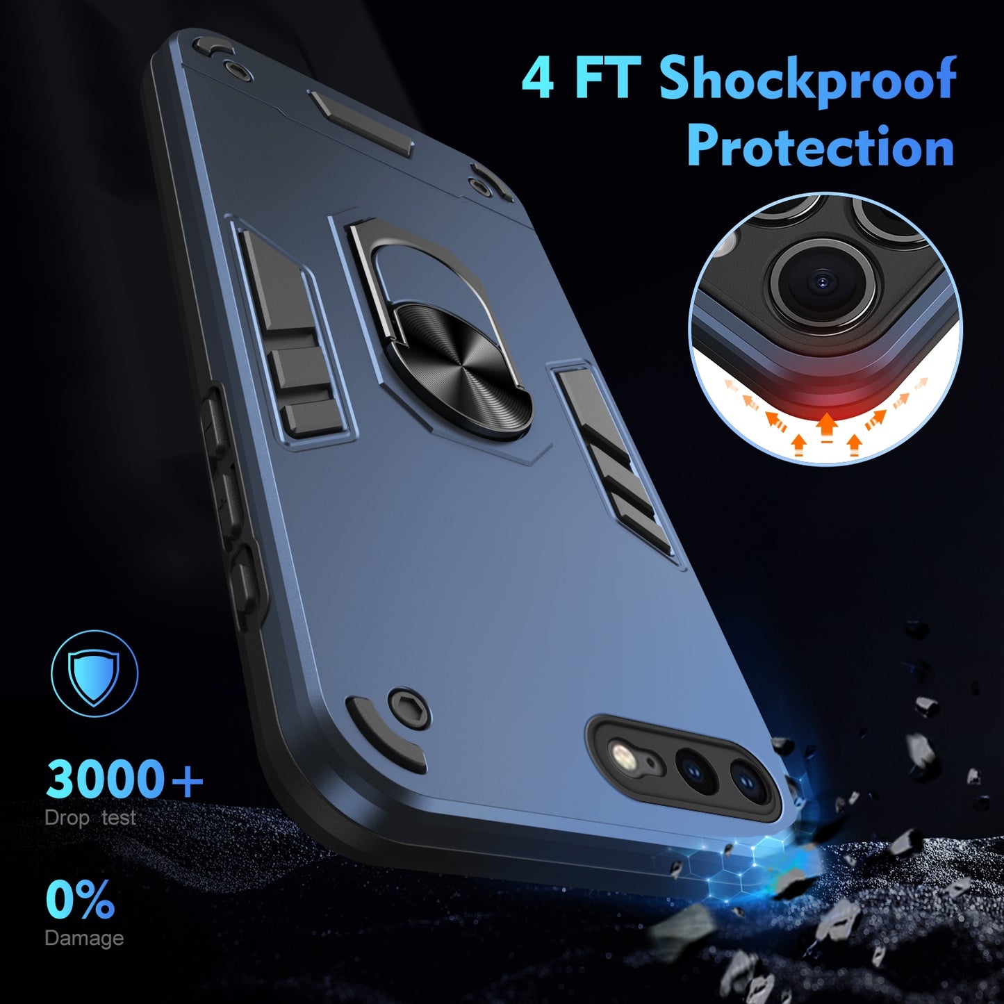 Shockproof iPhone 7 Plus Phone Case with 360° Rotatable Metal Ring Holder, Magnetic Car Mount Stand, Ultra-Thin PC & Silicone Protection Cover