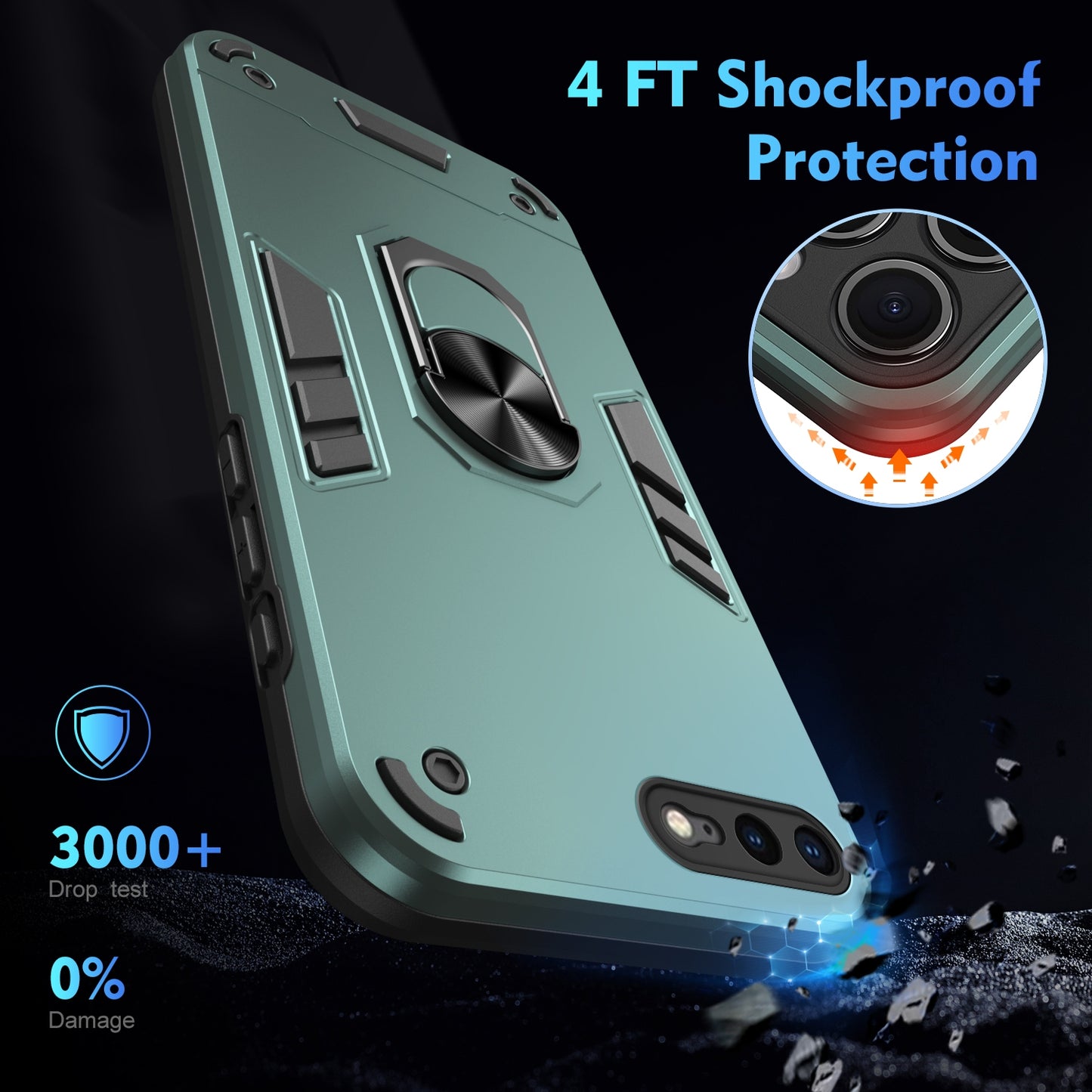 Shockproof iPhone 7 Plus Phone Case with 360° Rotatable Metal Ring Holder, Magnetic Car Mount Stand, Ultra-Thin PC & Silicone Protection Cover