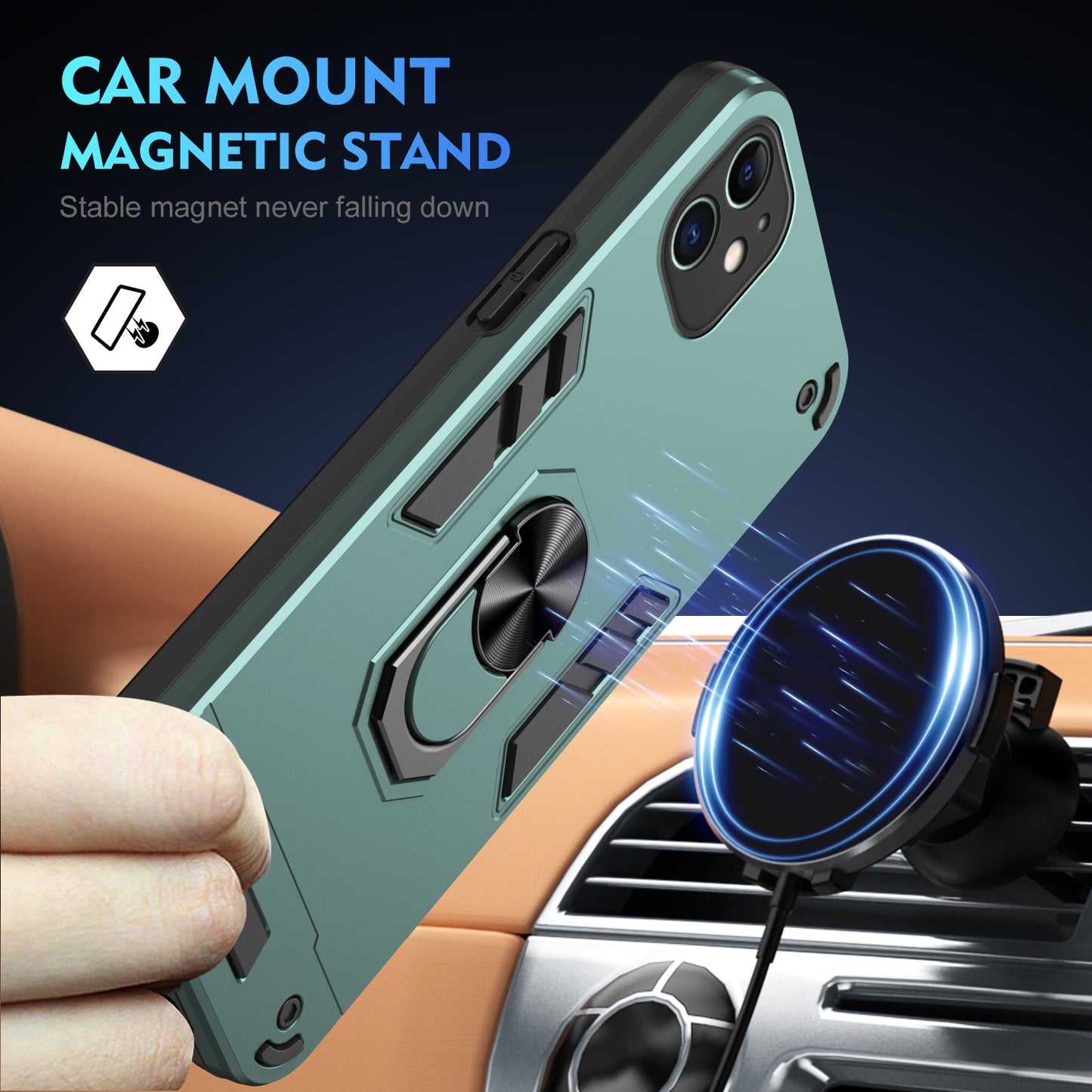 Shockproof iPhone 11 Phone Case with 360° Rotatable Metal Ring Holder, Magnetic Car Mount Stand, Ultra-Thin PC & Silicone Protection Cover