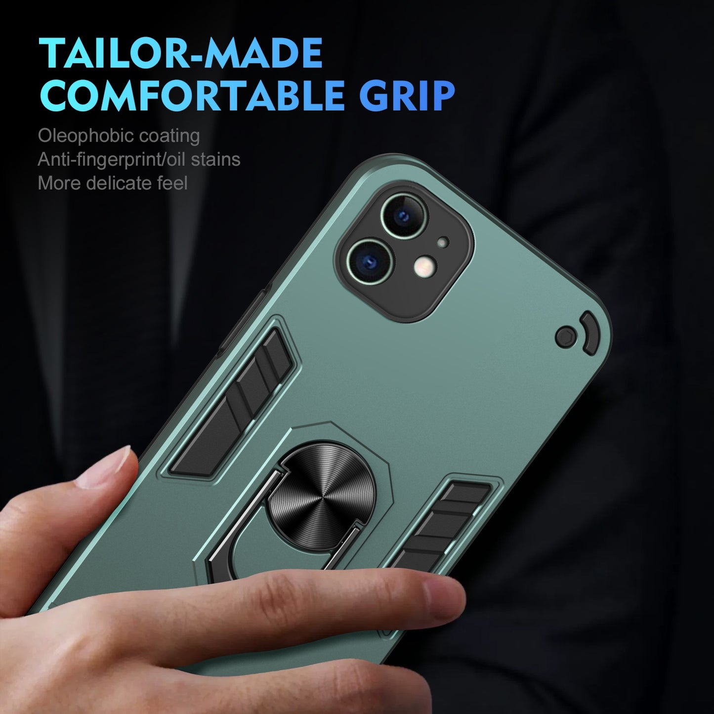 Shockproof iPhone 11 Phone Case with 360° Rotatable Metal Ring Holder, Magnetic Car Mount Stand, Ultra-Thin PC & Silicone Protection Cover