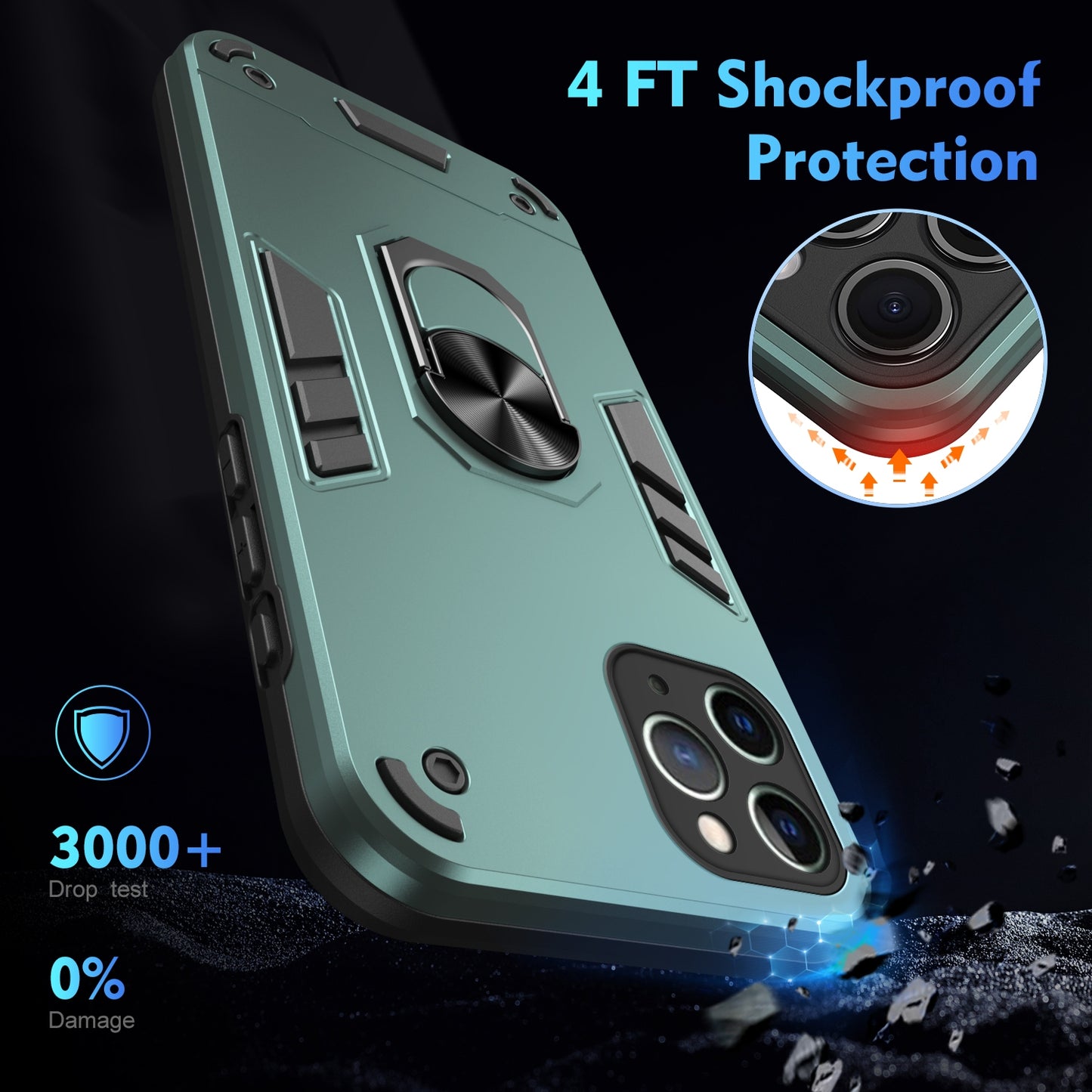Shockproof iPhone 11 Pro Phone Case with 360° Rotatable Metal Ring Holder, Magnetic Car Mount Stand, Ultra-Thin PC & Silicone Protection Cover