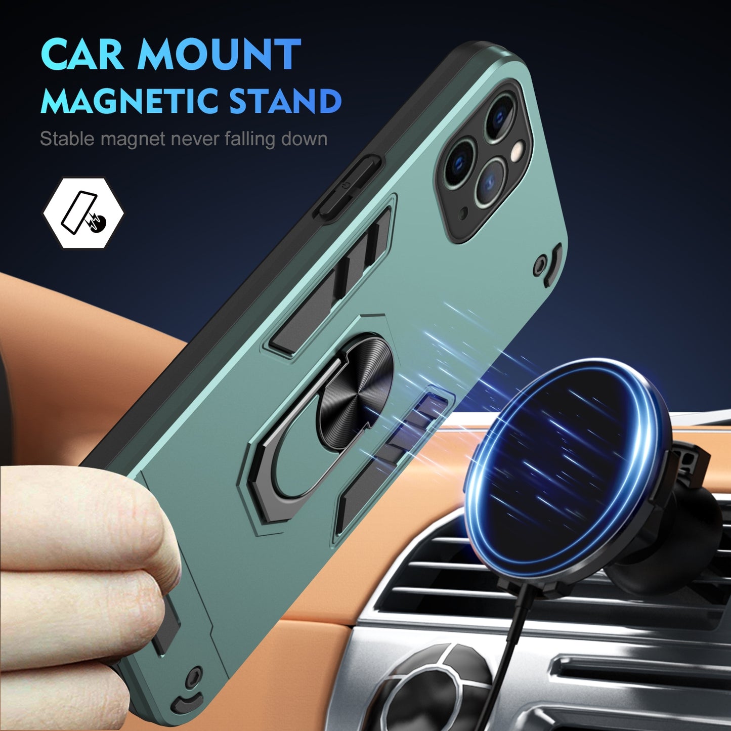Shockproof iPhone 11 Pro Max Phone Case with 360° Rotatable Metal Ring Holder, Magnetic Car Mount Stand, Ultra-Thin PC & Silicone Protection Cover