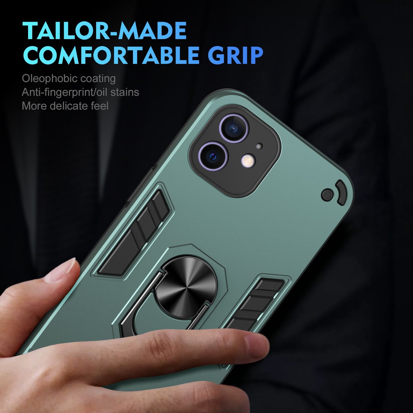 Shockproof iPhone 12 Phone Case with 360° Rotatable Metal Ring Holder, Magnetic Car Mount Stand, Ultra-Thin PC & Silicone Protection Cover