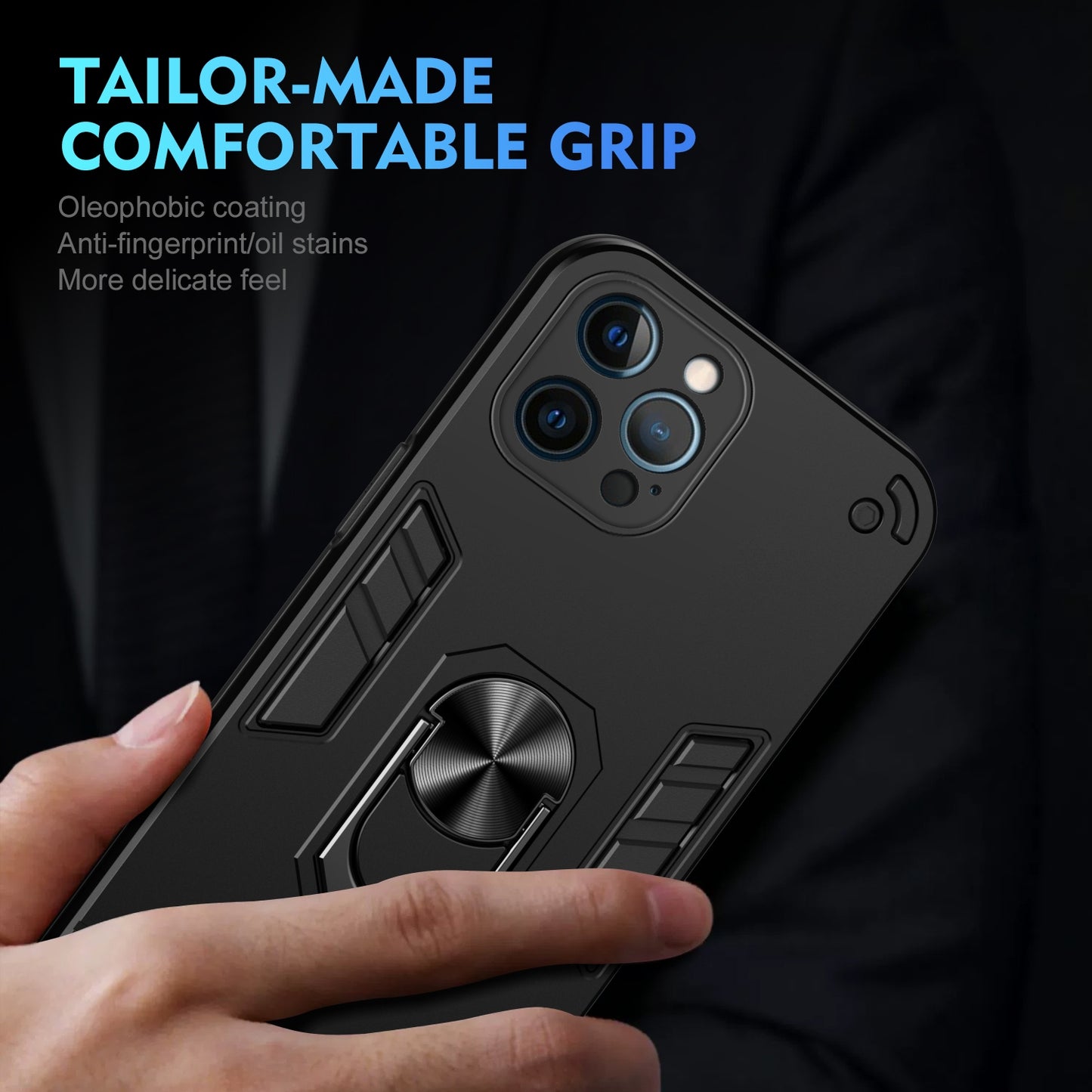 Shockproof iPhone 12 Pro Max Phone Case with 360° Rotatable Metal Ring Holder, Magnetic Car Mount Stand, Ultra-Thin PC & Silicone Protection Cover