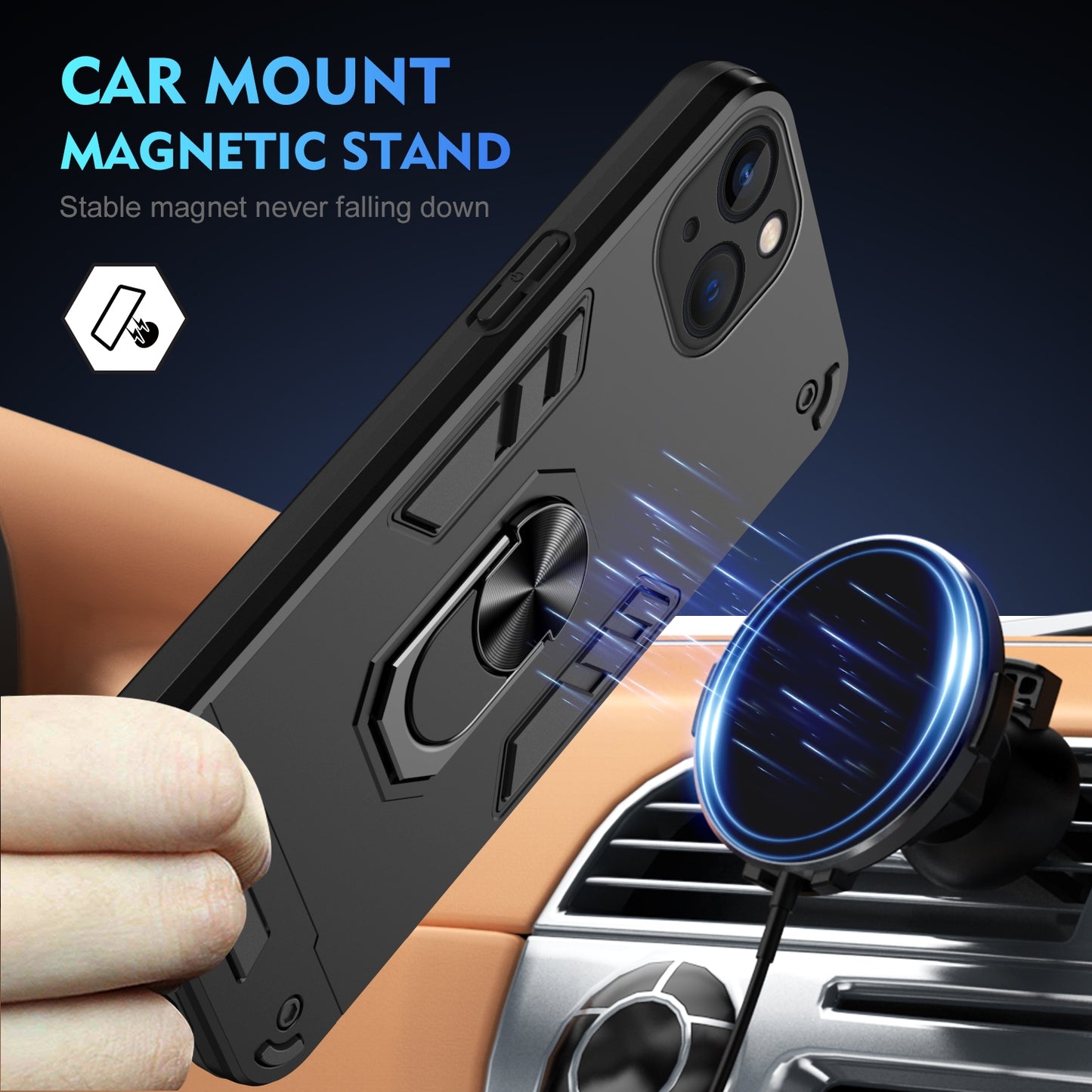 Shockproof iPhone 13 Phone Case with 360° Rotatable Metal Ring Holder, Magnetic Car Mount Stand, Ultra-Thin PC & Silicone Protection Cover