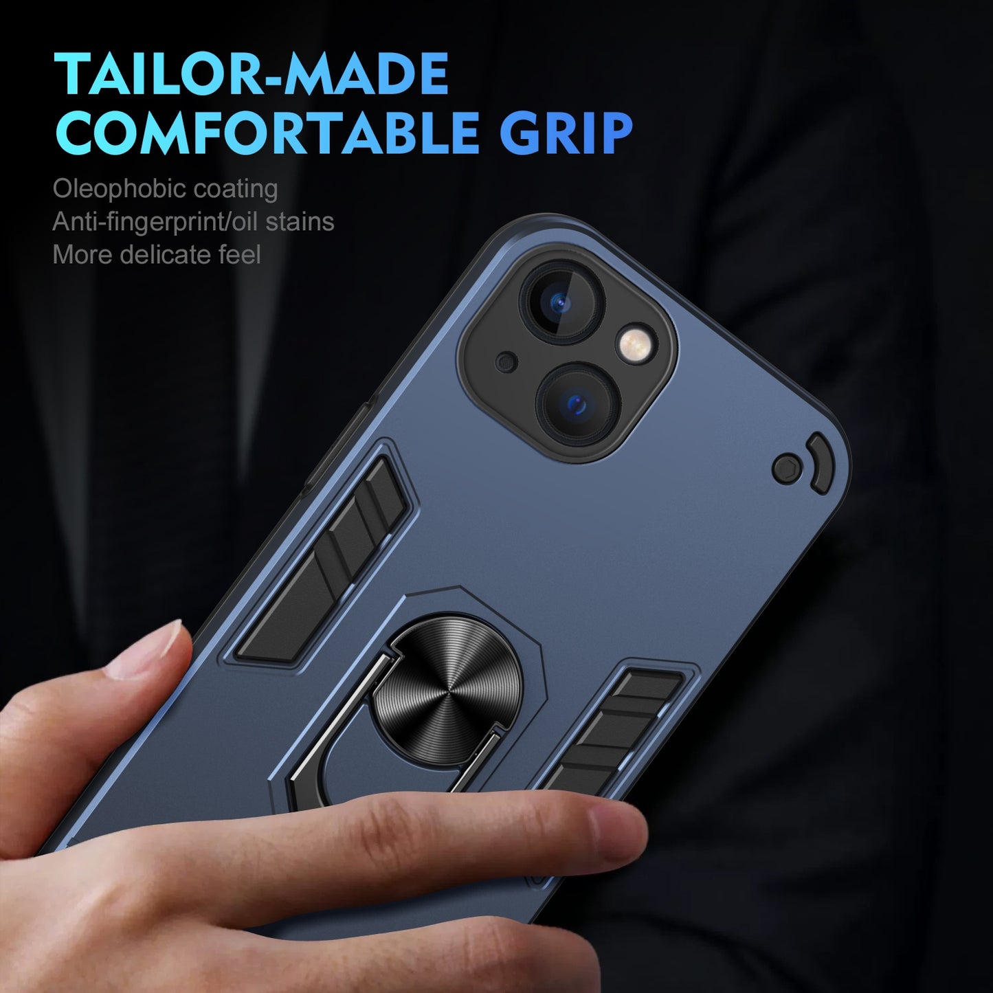 Shockproof iPhone 13 Phone Case with 360° Rotatable Metal Ring Holder, Magnetic Car Mount Stand, Ultra-Thin PC & Silicone Protection Cover