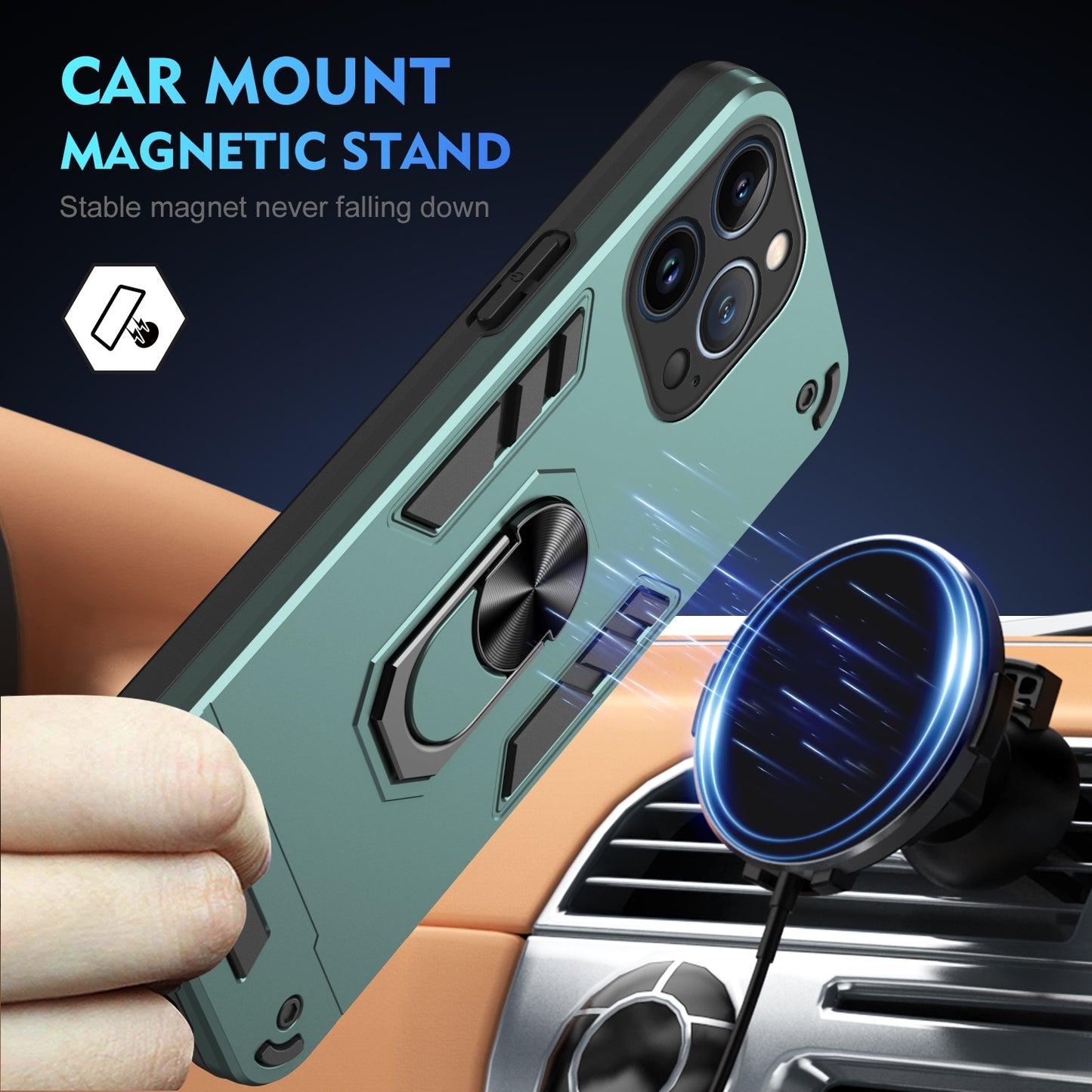 Shockproof iPhone 13 Pro Phone Case with 360° Rotatable Metal Ring Holder, Magnetic Car Mount Stand, Ultra-Thin PC & Silicone Protection Cover