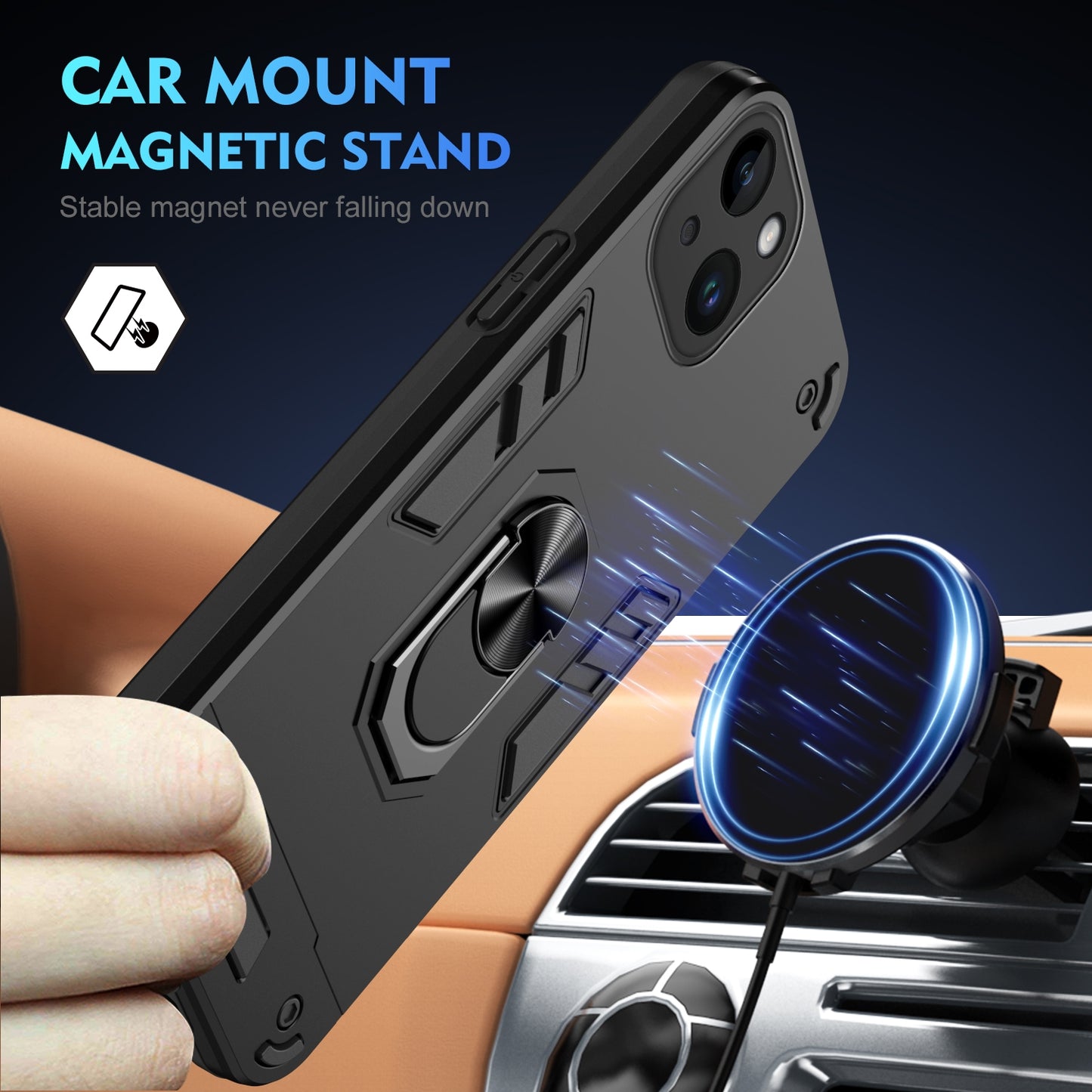 Shockproof iPhone 14 Plus Phone Case with 360° Rotatable Metal Ring Holder, Magnetic Car Mount Stand, Ultra-Thin PC & Silicone Protection Cover