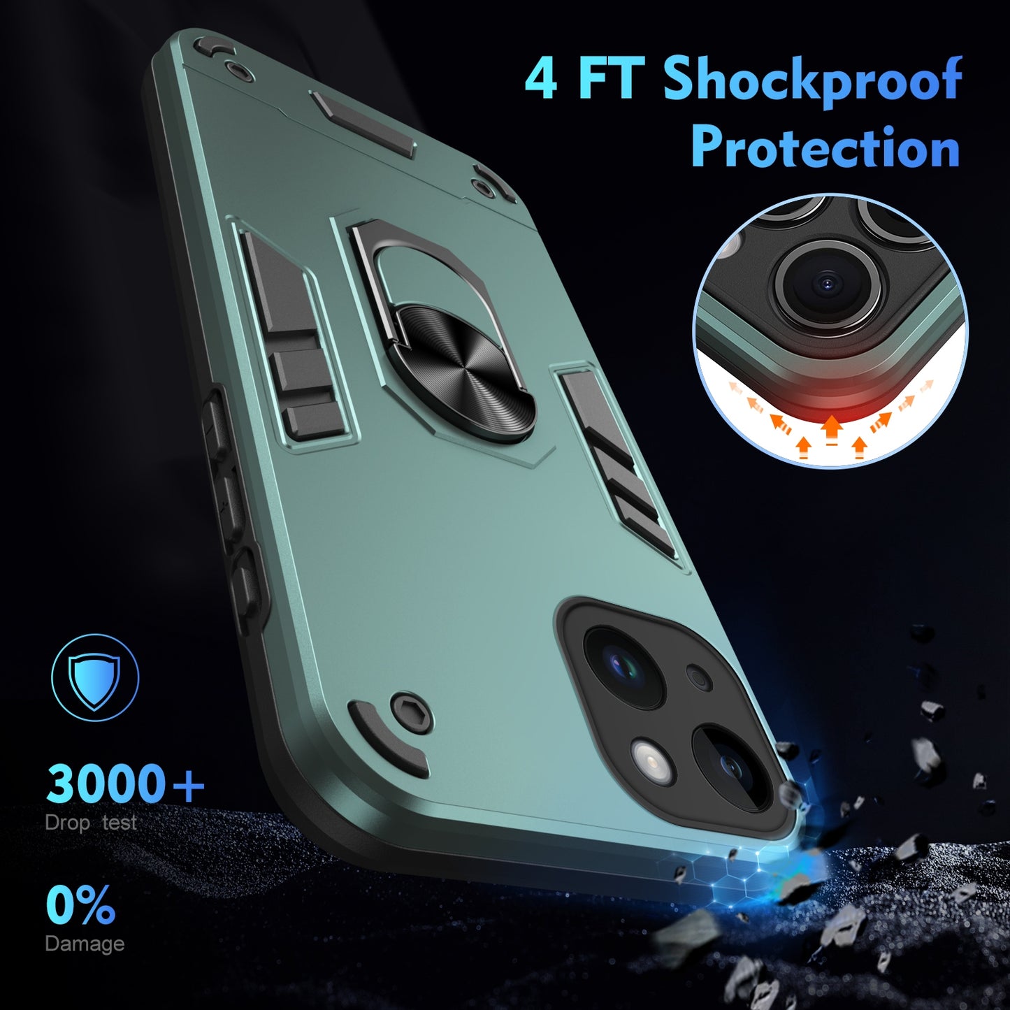 Shockproof iPhone 14 Plus Phone Case with 360° Rotatable Metal Ring Holder, Magnetic Car Mount Stand, Ultra-Thin PC & Silicone Protection Cover