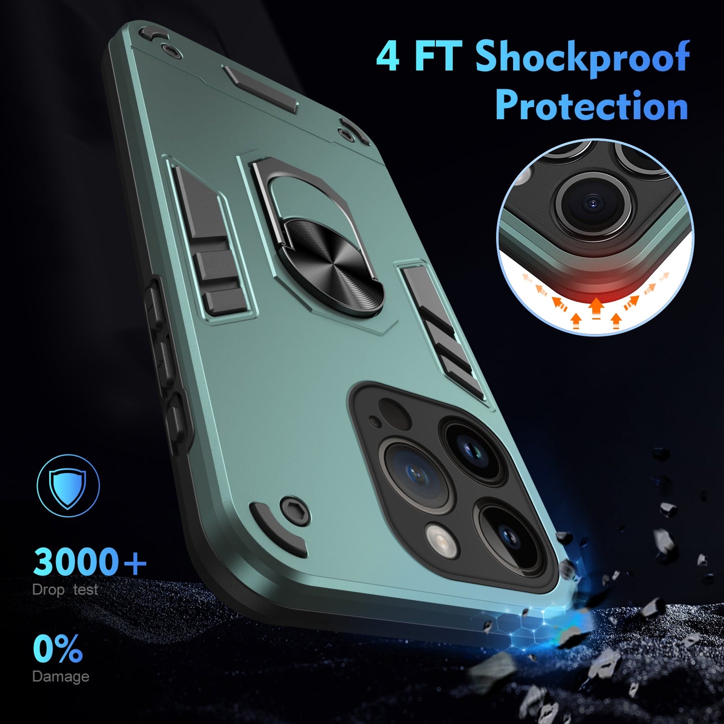 Shockproof iPhone 14 Pro Max Phone Case with 360° Rotatable Metal Ring Holder, Magnetic Car Mount Stand, Ultra-Thin PC & Silicone Protection Cover