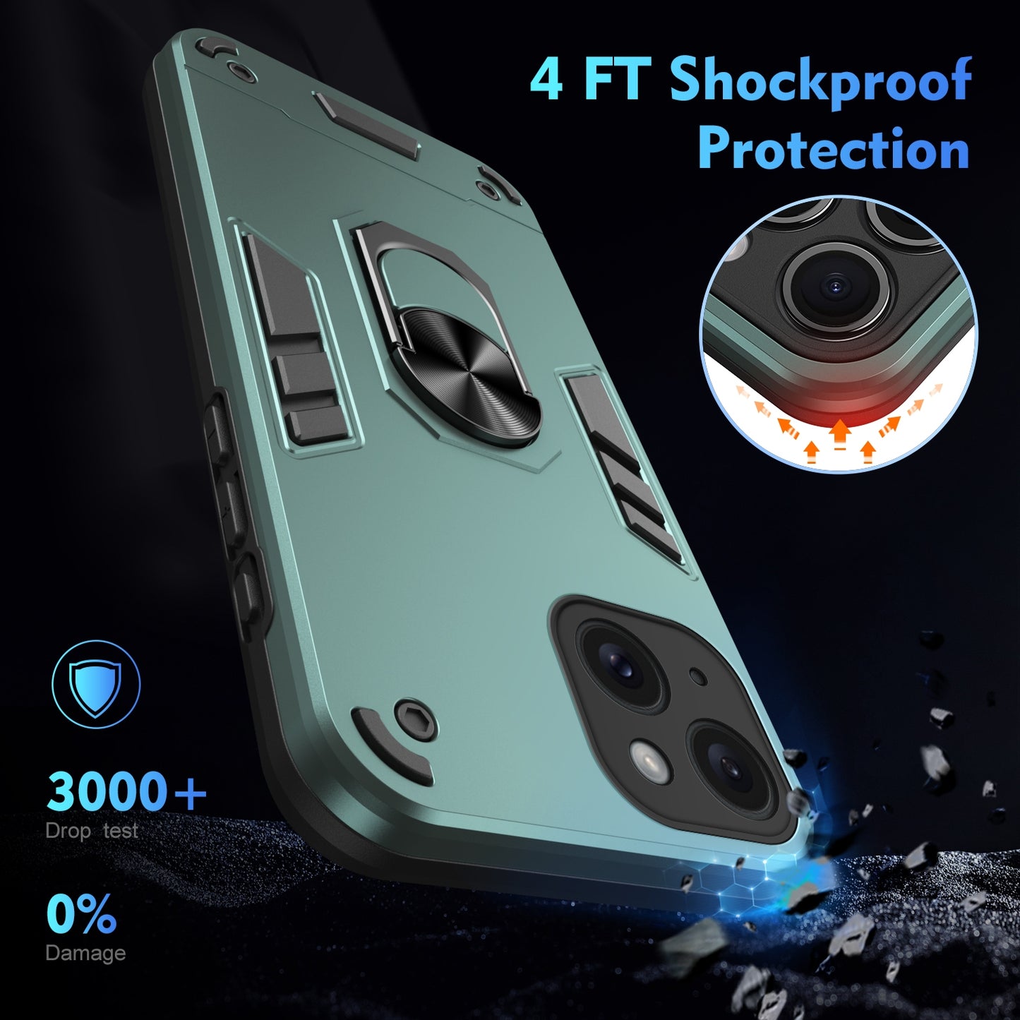 Shockproof iPhone 15 Plus Phone Case with 360° Rotatable Metal Ring Holder, Magnetic Car Mount Stand, Ultra-Thin PC & Silicone Protection Cover