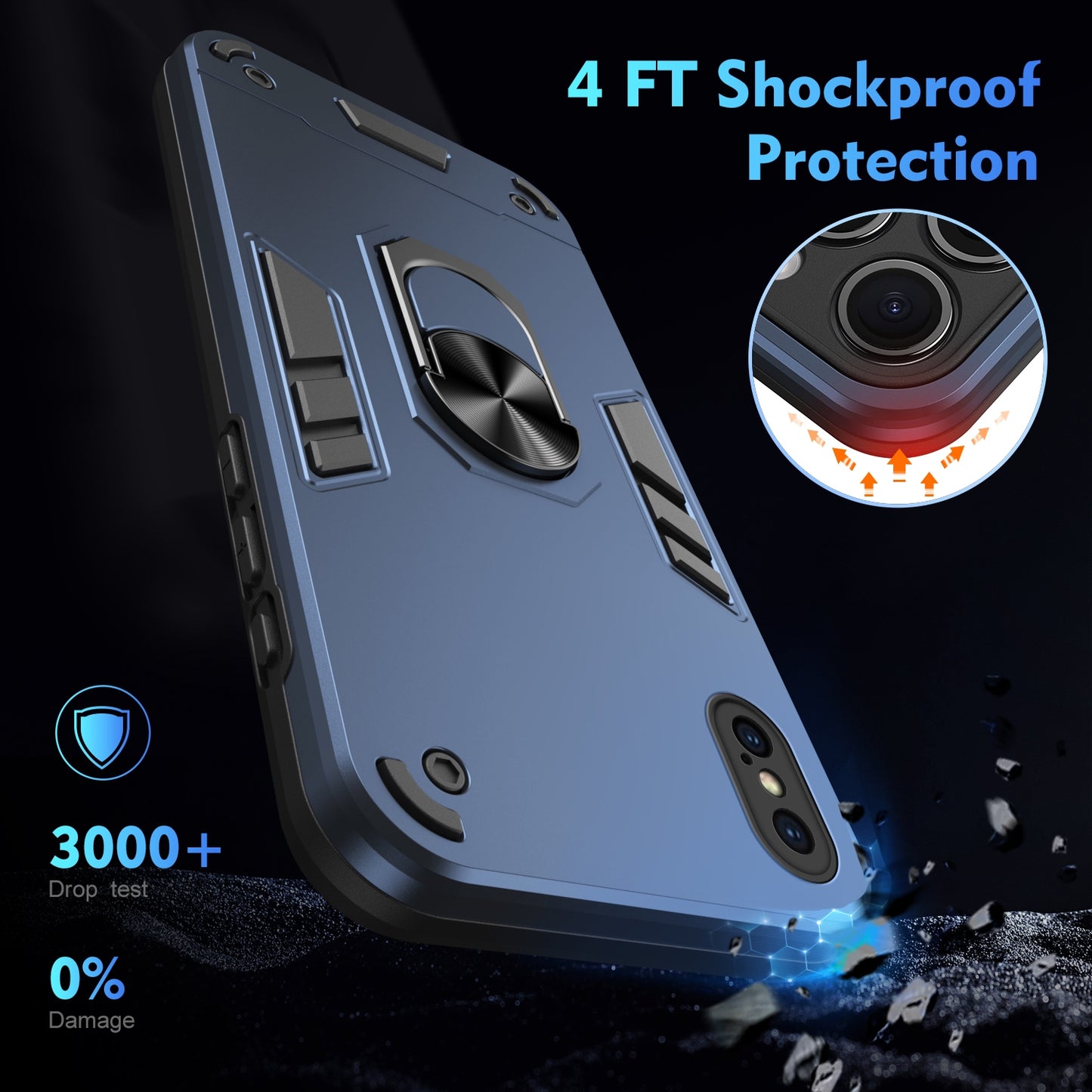 Shockproof iPhone X/XS Phone Case with 360° Rotatable Metal Ring Holder, Magnetic Car Mount Stand, Ultra-Thin PC & Silicone Protection Cover