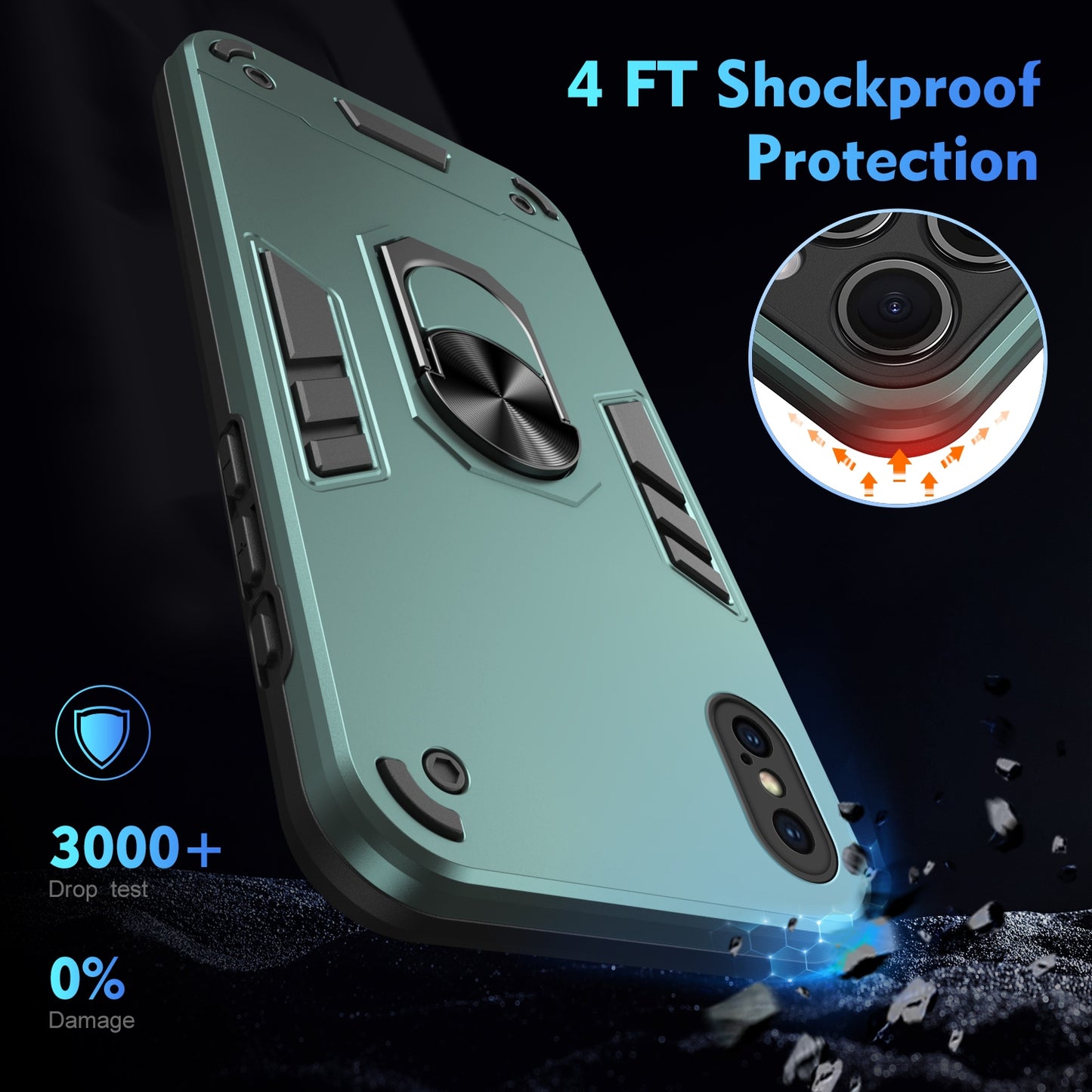 Shockproof iPhone X/XS Phone Case with 360° Rotatable Metal Ring Holder, Magnetic Car Mount Stand, Ultra-Thin PC & Silicone Protection Cover