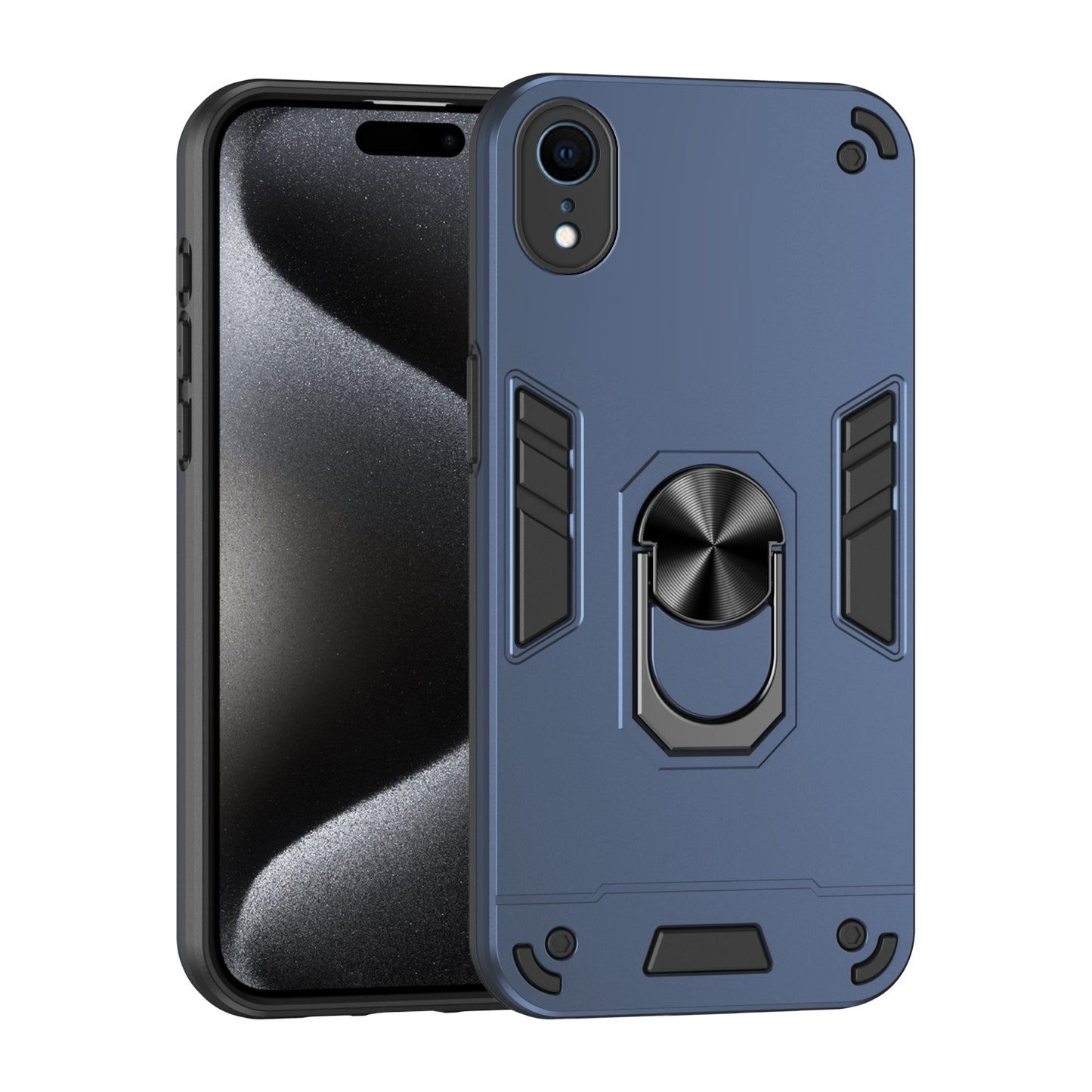 Shockproof iPhone XR Phone Case with 360° Rotatable Metal Ring Holder, Magnetic Car Mount Stand, Ultra-Thin PC & Silicone Protection Cover