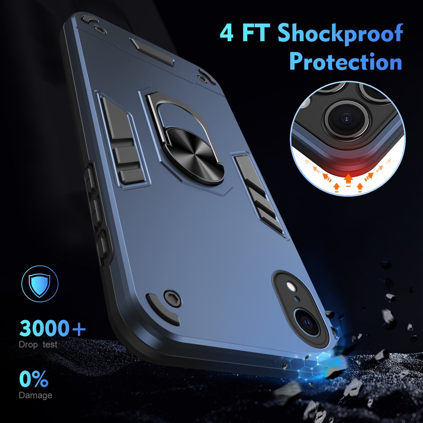 Shockproof iPhone XR Phone Case with 360° Rotatable Metal Ring Holder, Magnetic Car Mount Stand, Ultra-Thin PC & Silicone Protection Cover