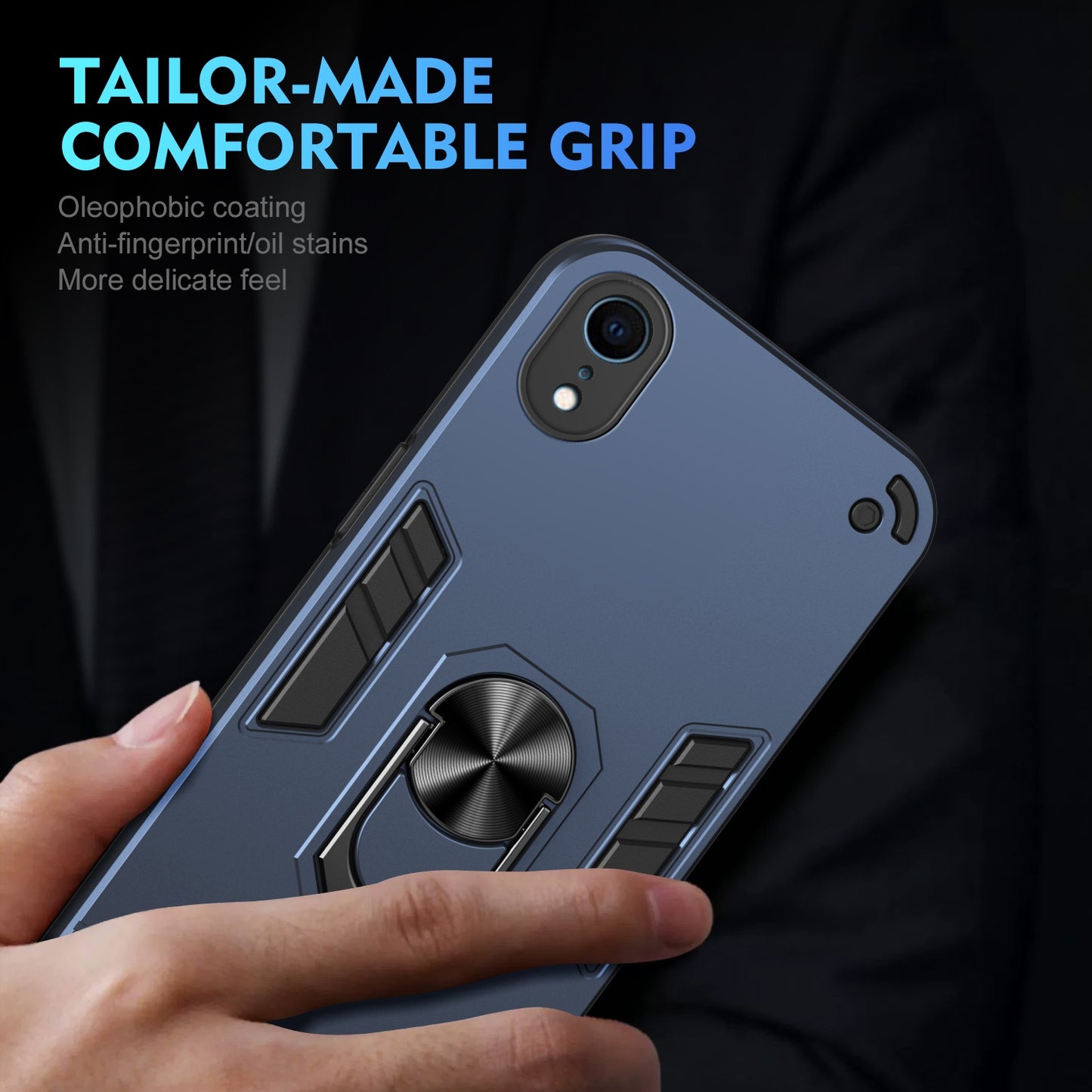 Shockproof iPhone XR Phone Case with 360° Rotatable Metal Ring Holder, Magnetic Car Mount Stand, Ultra-Thin PC & Silicone Protection Cover