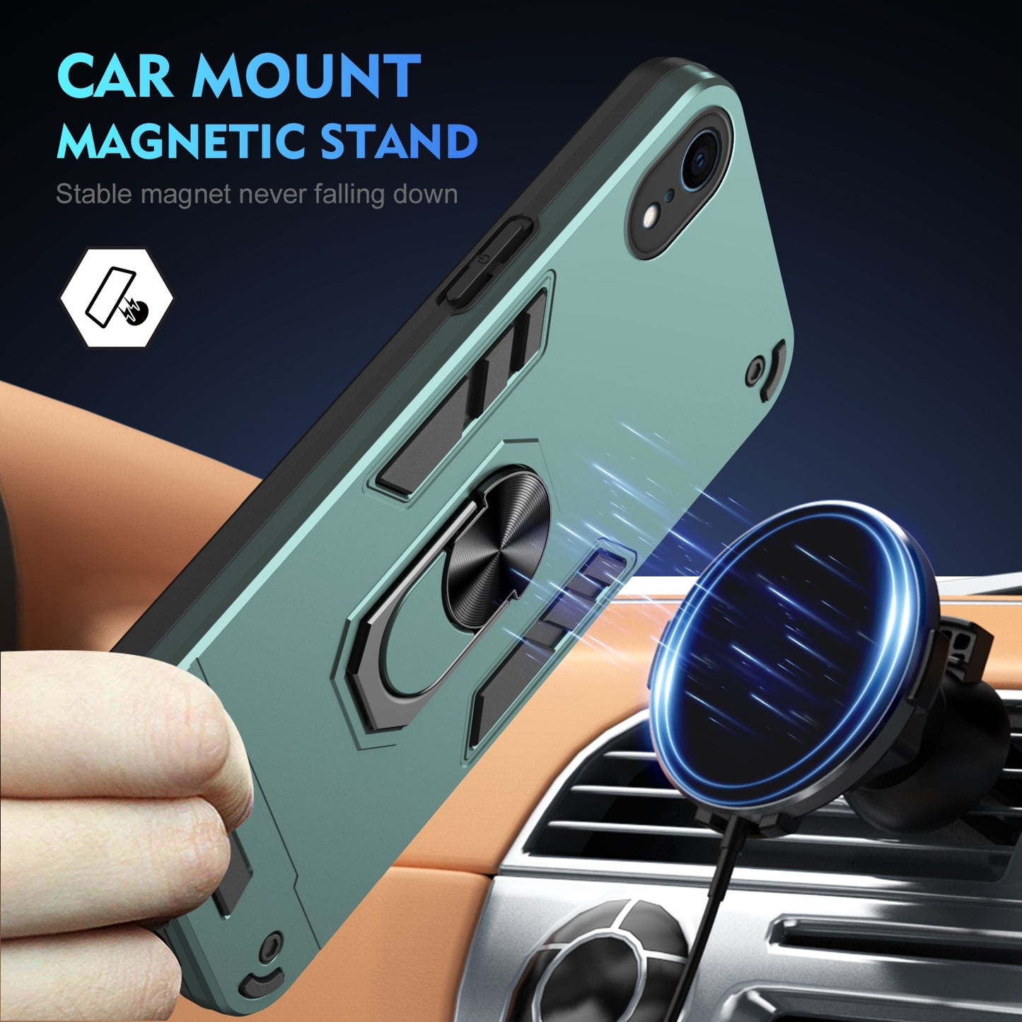 Shockproof iPhone XR Phone Case with 360° Rotatable Metal Ring Holder, Magnetic Car Mount Stand, Ultra-Thin PC & Silicone Protection Cover