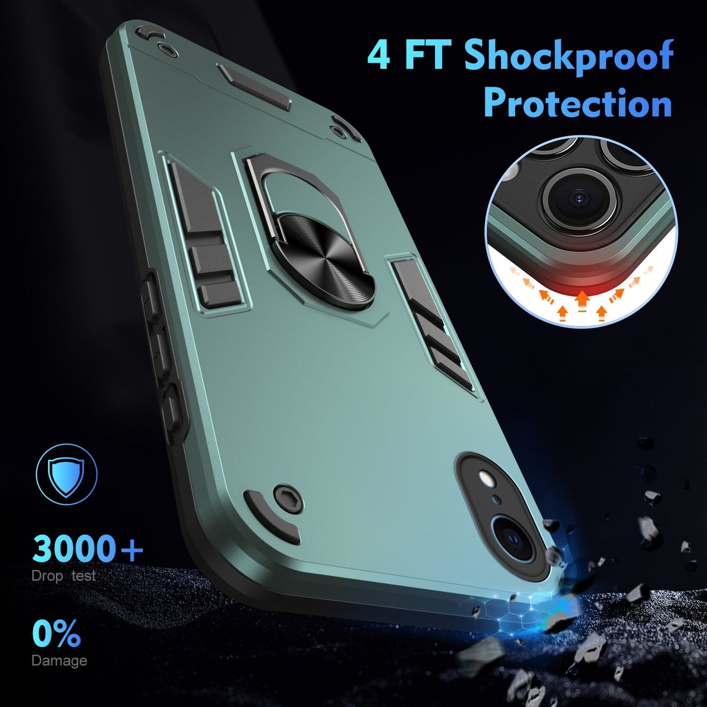 Shockproof iPhone XR Phone Case with 360° Rotatable Metal Ring Holder, Magnetic Car Mount Stand, Ultra-Thin PC & Silicone Protection Cover