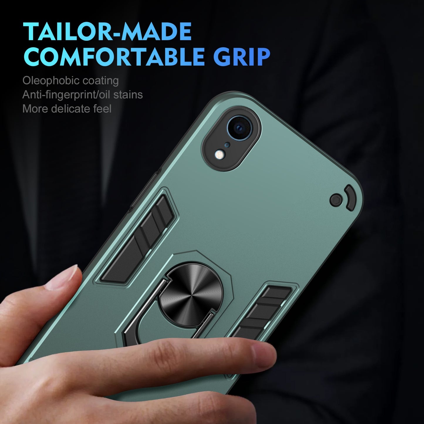 Shockproof iPhone XR Phone Case with 360° Rotatable Metal Ring Holder, Magnetic Car Mount Stand, Ultra-Thin PC & Silicone Protection Cover