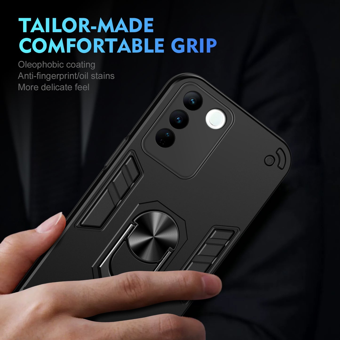 Shockproof vivo V27 Phone Case with 360° Rotatable Metal Ring Holder, Magnetic Car Mount Stand, Ultra-Thin PC & Silicone Protection Cover