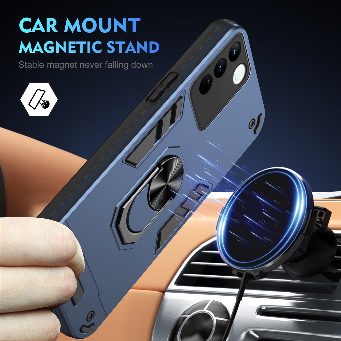 Shockproof vivo V27 Phone Case with 360° Rotatable Metal Ring Holder, Magnetic Car Mount Stand, Ultra-Thin PC & Silicone Protection Cover