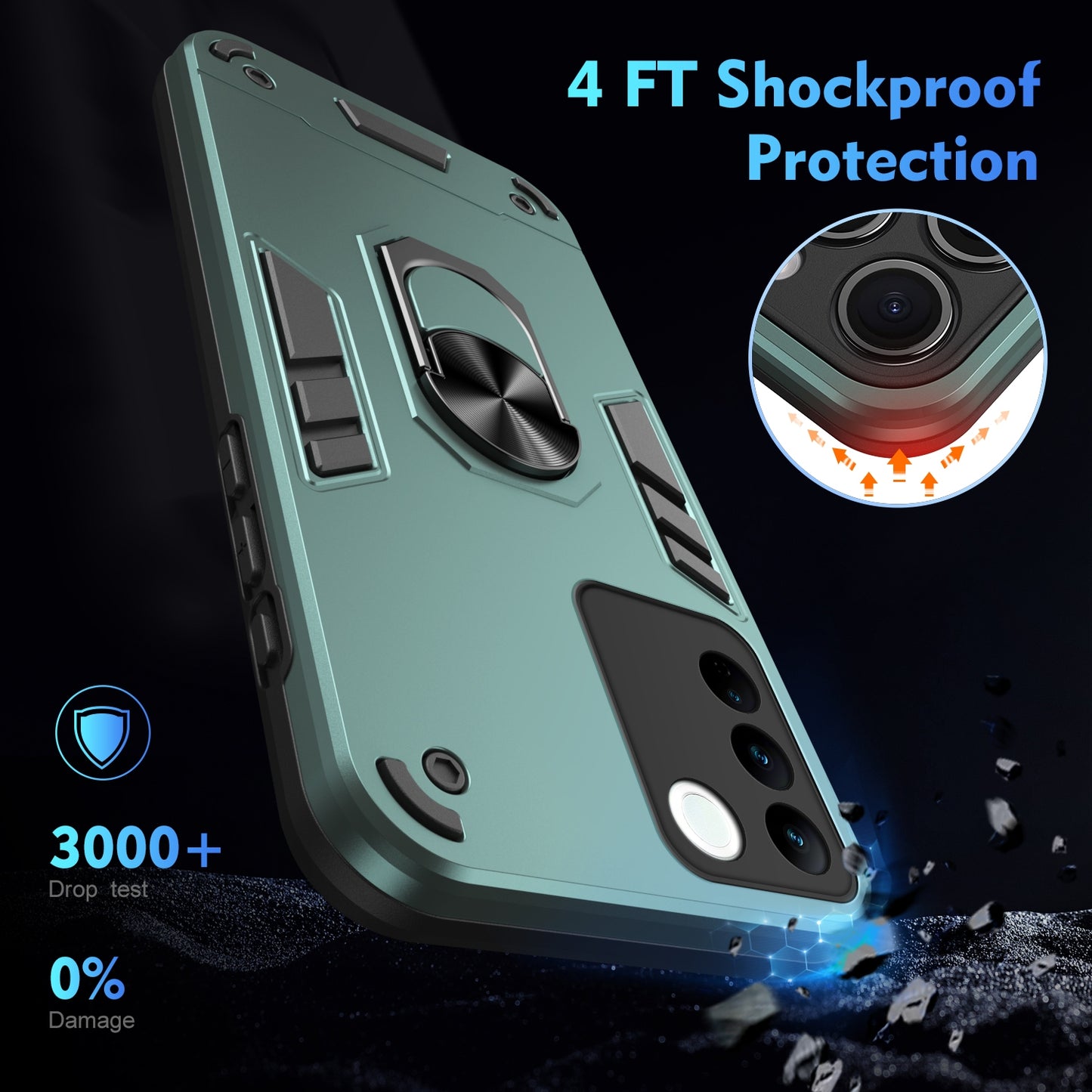 Shockproof vivo V27 Phone Case with 360° Rotatable Metal Ring Holder, Magnetic Car Mount Stand, Ultra-Thin PC & Silicone Protection Cover