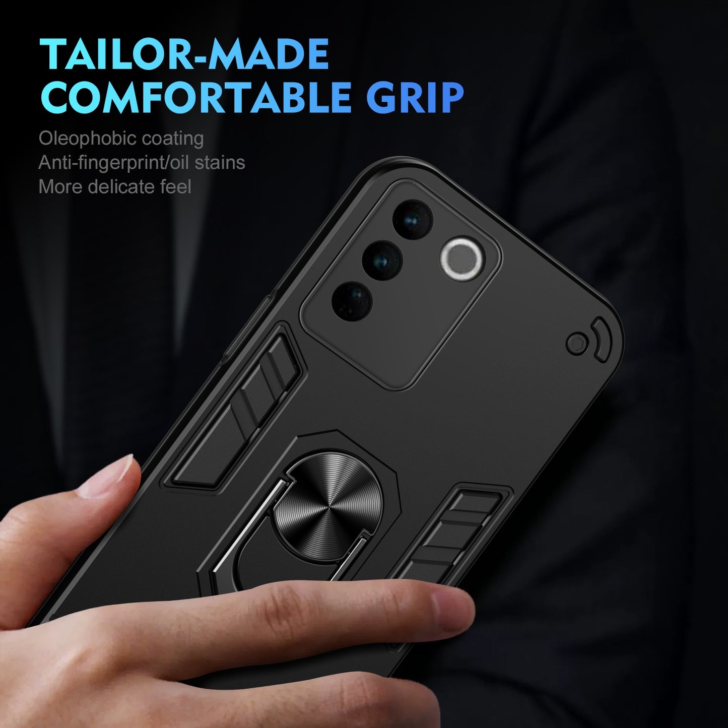 Shockproof vivo V27e Phone Case with 360° Rotatable Metal Ring Holder, Magnetic Car Mount Stand, Ultra-Thin PC & Silicone Protection Cover