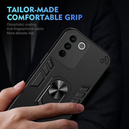 Shockproof vivo V27e Phone Case with 360° Rotatable Metal Ring Holder, Magnetic Car Mount Stand, Ultra-Thin PC & Silicone Protection Cover