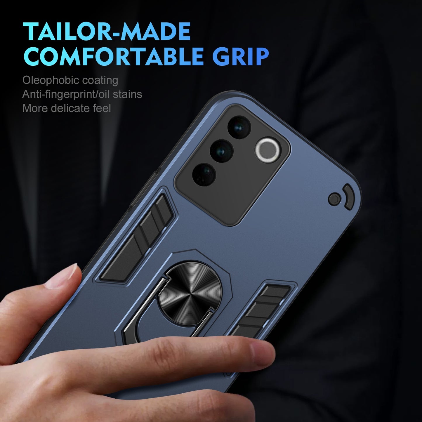 Shockproof vivo V27e Phone Case with 360° Rotatable Metal Ring Holder, Magnetic Car Mount Stand, Ultra-Thin PC & Silicone Protection Cover