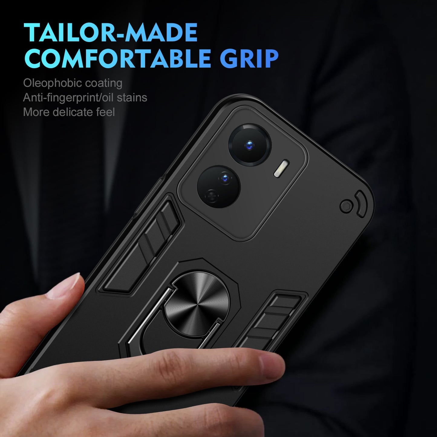 Shockproof vivo Y16 Phone Case with 360° Rotatable Metal Ring Holder, Magnetic Car Mount Stand, Ultra-Thin PC & Silicone Protection Cover