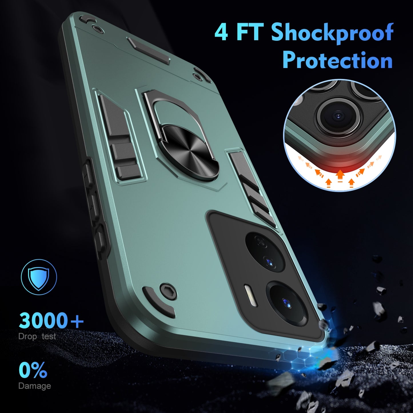 Shockproof vivo Y16 Phone Case with 360° Rotatable Metal Ring Holder, Magnetic Car Mount Stand, Ultra-Thin PC & Silicone Protection Cover