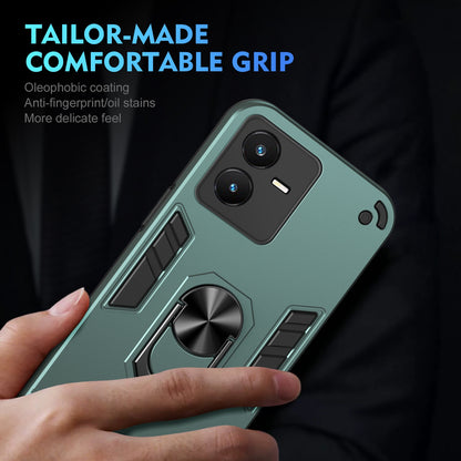 Shockproof vivo Y22s Phone Case with 360° Rotatable Metal Ring Holder, Magnetic Car Mount Stand, Ultra-Thin PC & Silicone Protection Cover