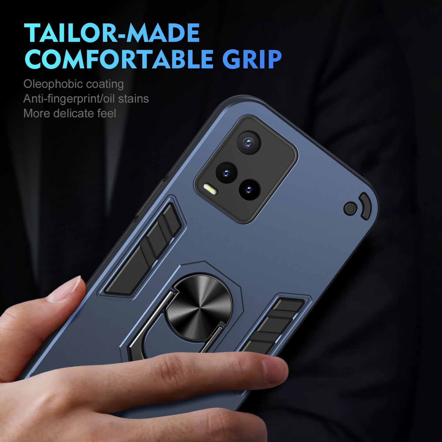 Shockproof vivo Y33s Phone Case with 360° Rotatable Metal Ring Holder, Magnetic Car Mount Stand, Ultra-Thin PC & Silicone Protection Cover