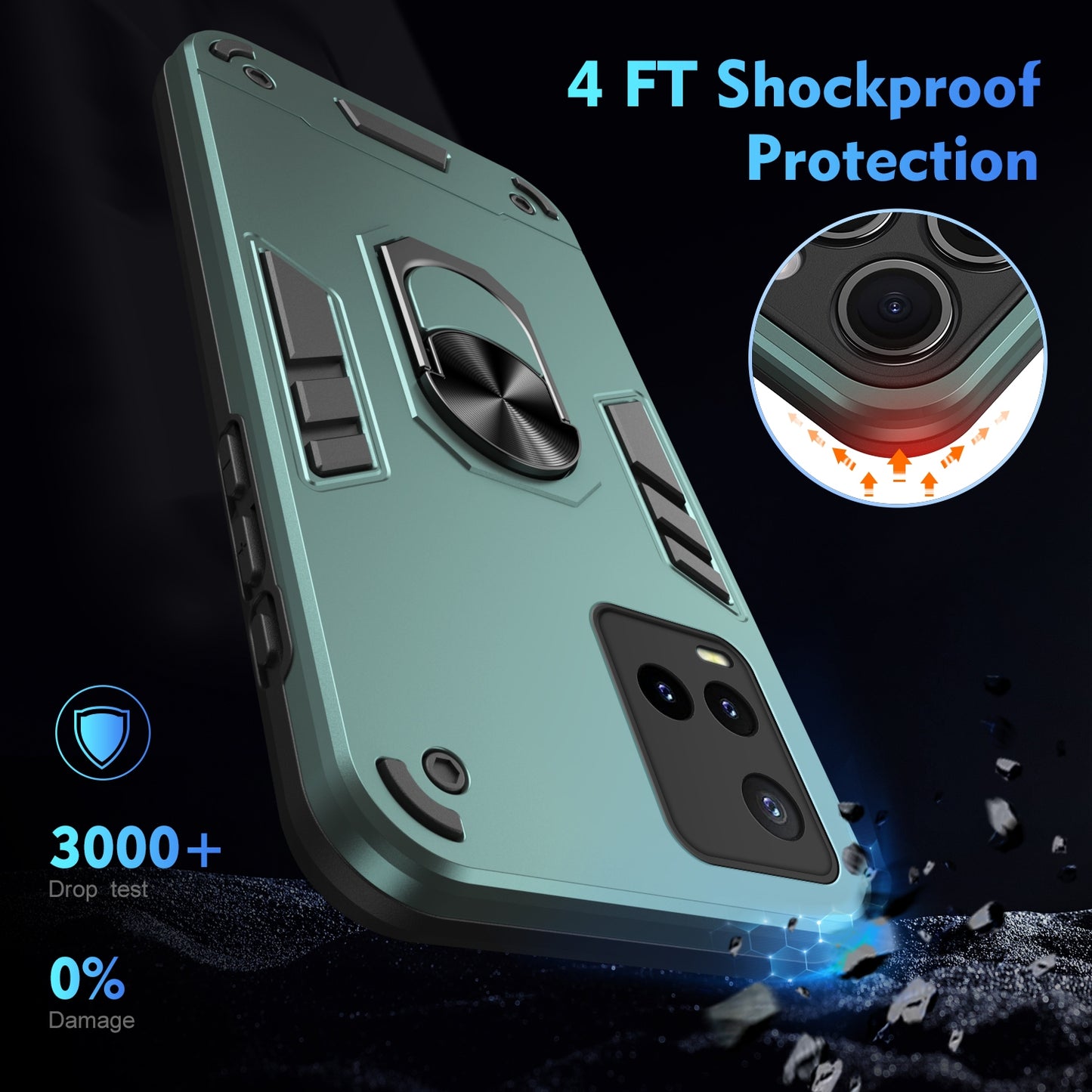 Shockproof vivo Y33s Phone Case with 360° Rotatable Metal Ring Holder, Magnetic Car Mount Stand, Ultra-Thin PC & Silicone Protection Cover