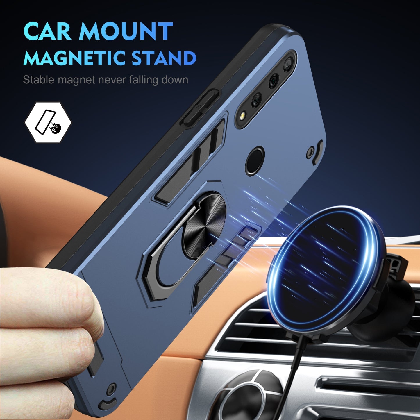 Shockproof Huawei Y9 Prime 2019 Phone Case with 360° Rotatable Metal Ring Holder, Magnetic Car Mount Stand, Ultra-Thin PC & Silicone Protection Cover