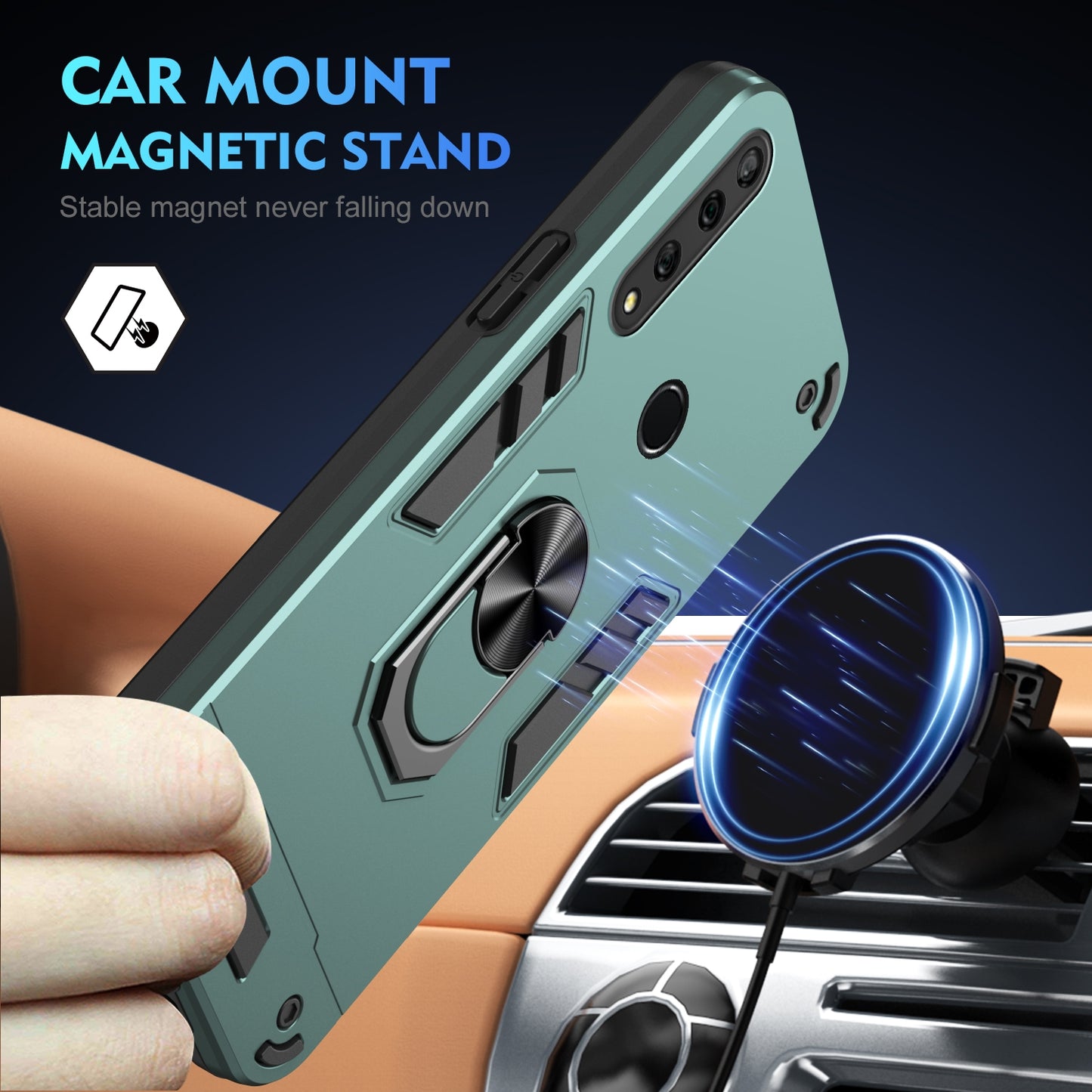 Shockproof Huawei Y9 Prime 2019 Phone Case with 360° Rotatable Metal Ring Holder, Magnetic Car Mount Stand, Ultra-Thin PC & Silicone Protection Cover