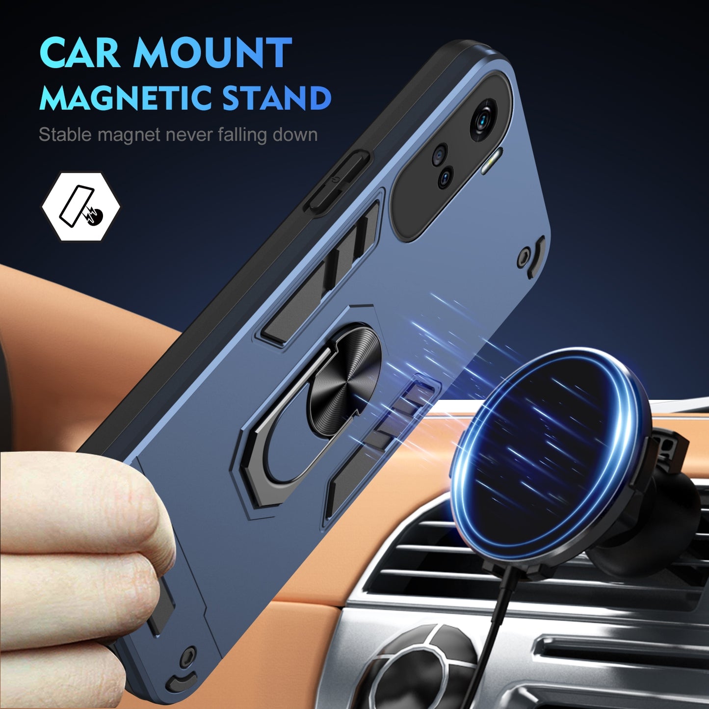 Shockproof Honor 90 Lite Phone Case with 360° Rotatable Metal Ring Holder, Magnetic Car Mount Stand, Ultra-Thin PC & Silicone Protection Cover