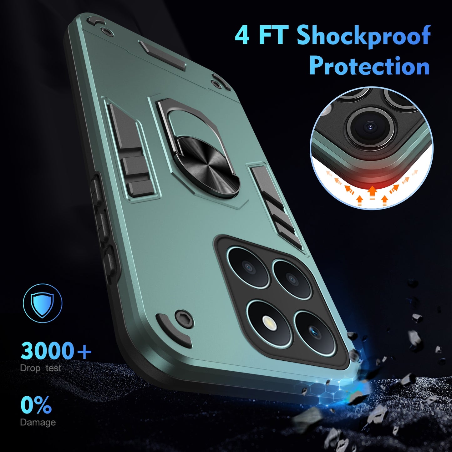 Shockproof Honor X6a Phone Case with 360° Rotatable Metal Ring Holder, Magnetic Car Mount Stand, Ultra-Thin PC & Silicone Protection Cover