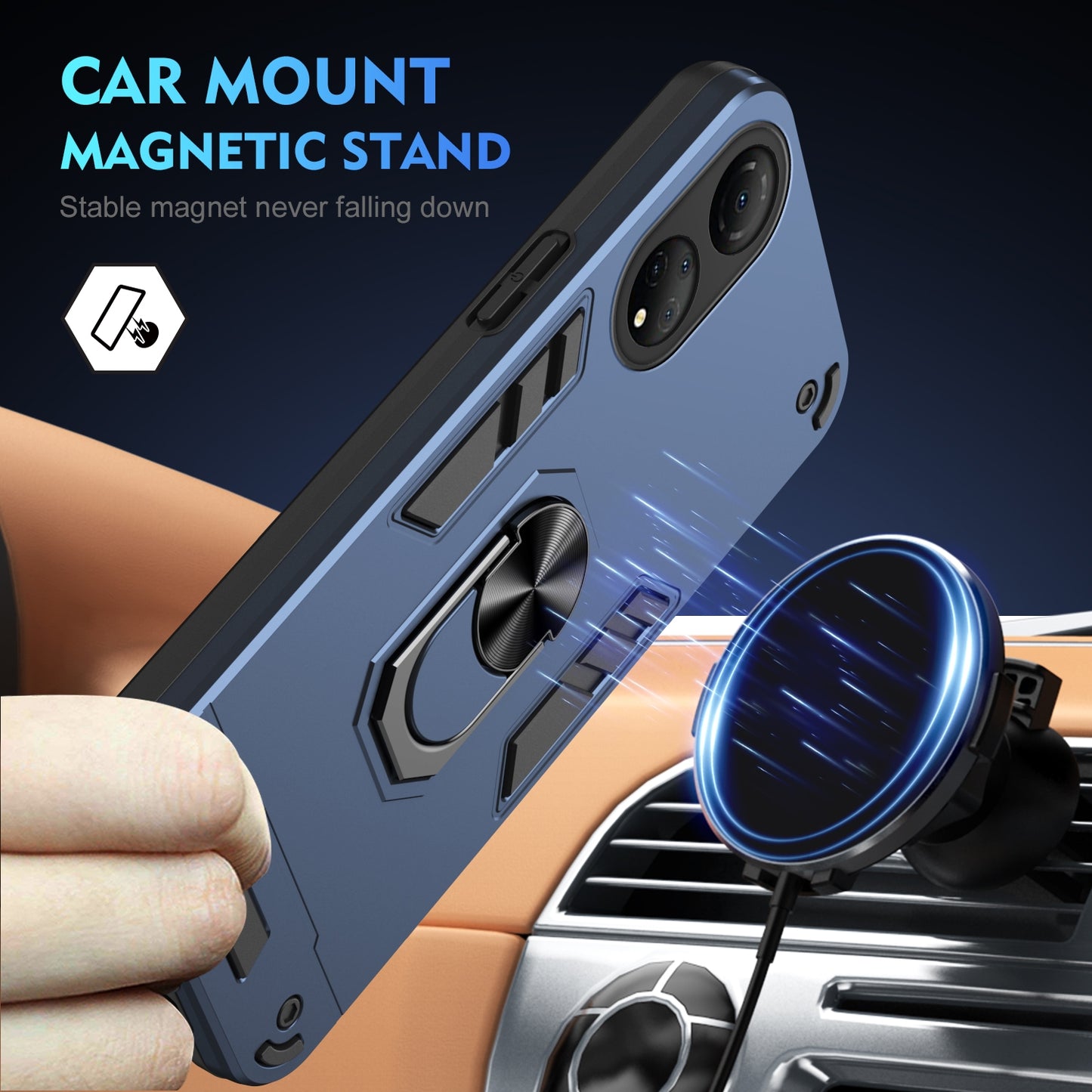 Shockproof Honor X7 Phone Case with 360° Rotatable Metal Ring Holder, Magnetic Car Mount Stand, Ultra-Thin PC & Silicone Protection Cover