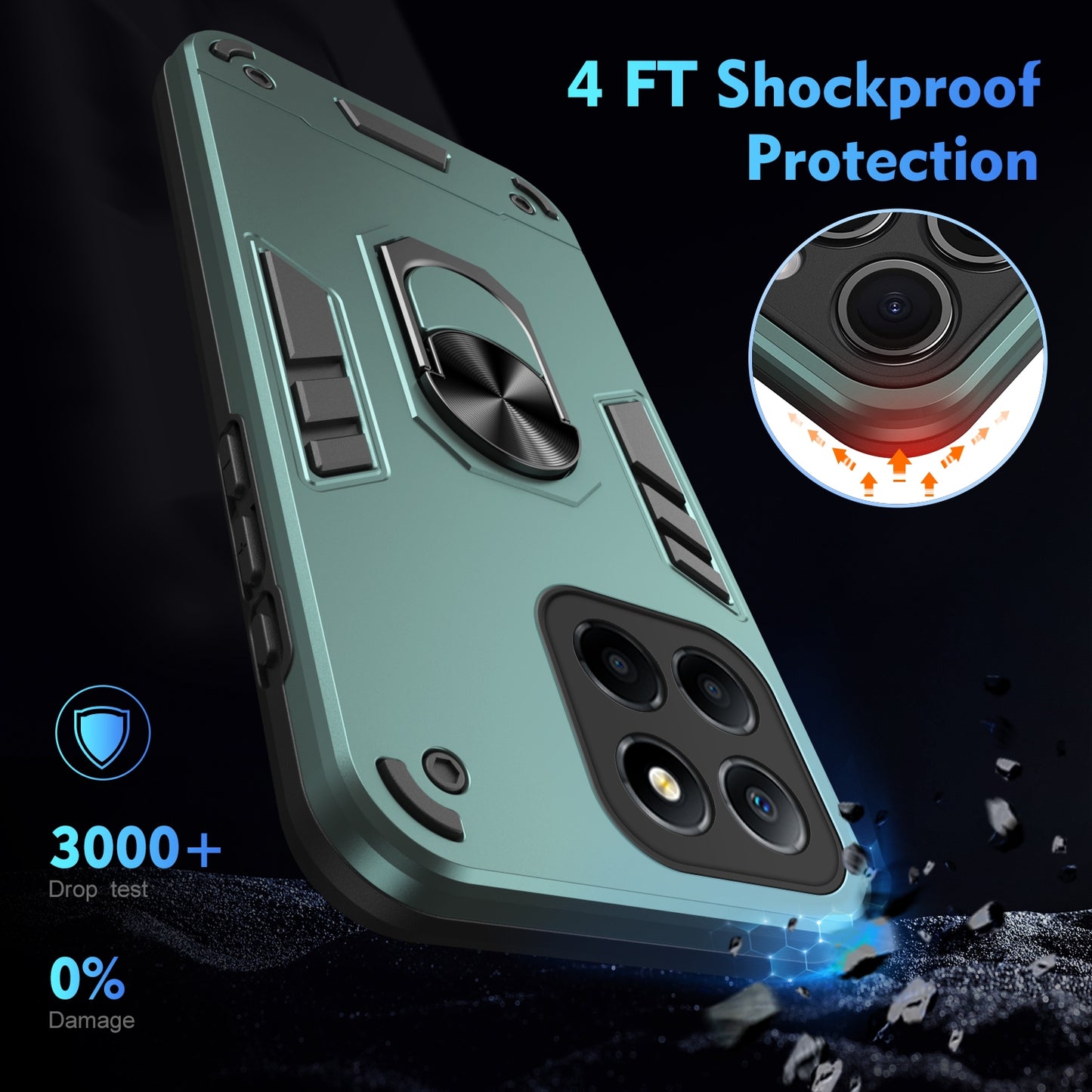 Shockproof Honor X8 5G Phone Case with 360° Rotatable Metal Ring Holder, Magnetic Car Mount Stand, Ultra-Thin PC & Silicone Protection Cover